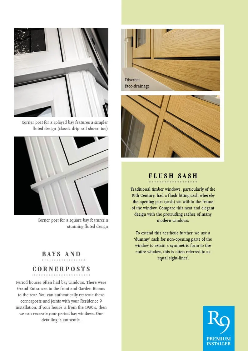 Design brochure showcasing timber window styles, including flush sash, corner posts for bay features, and corner posts for square bay features, with close-up images and descriptive text.