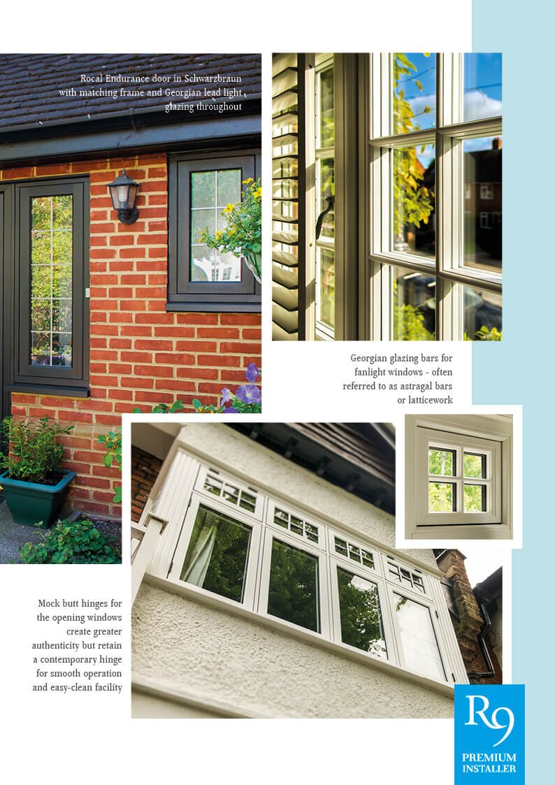 Various types of windows including a black-endurance door with matched Georgian lead light, Georgian glazing bars for a fanlight window, a white exterior bay window with multiple panes, and a small white window with leaded panes, all demonstrating di