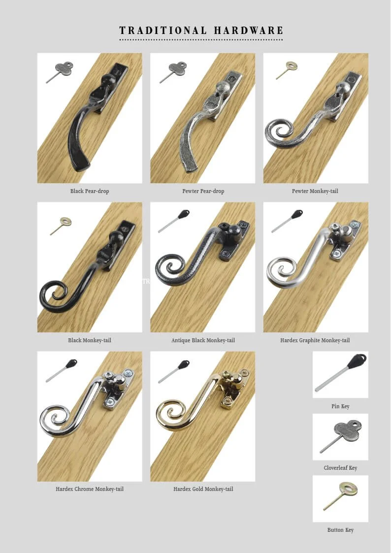 Various traditional hardware handles and keys displayed on a grey background, including black and pewter pear-drop handles, monkey-tail handles in pewter, black, antique black, Hardex graphite, chrome, and gold finishes, along with pin, cloverleaf, a