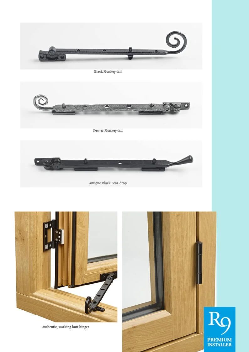 Image of three different types of vintage door hinges: Black Monkey-tail, Pewter Monkey-tail, and Antique Black Pear-drop. The bottom left shows authentic working butt hinges on a wooden door frame, and the bottom right displays a close-up of a woode