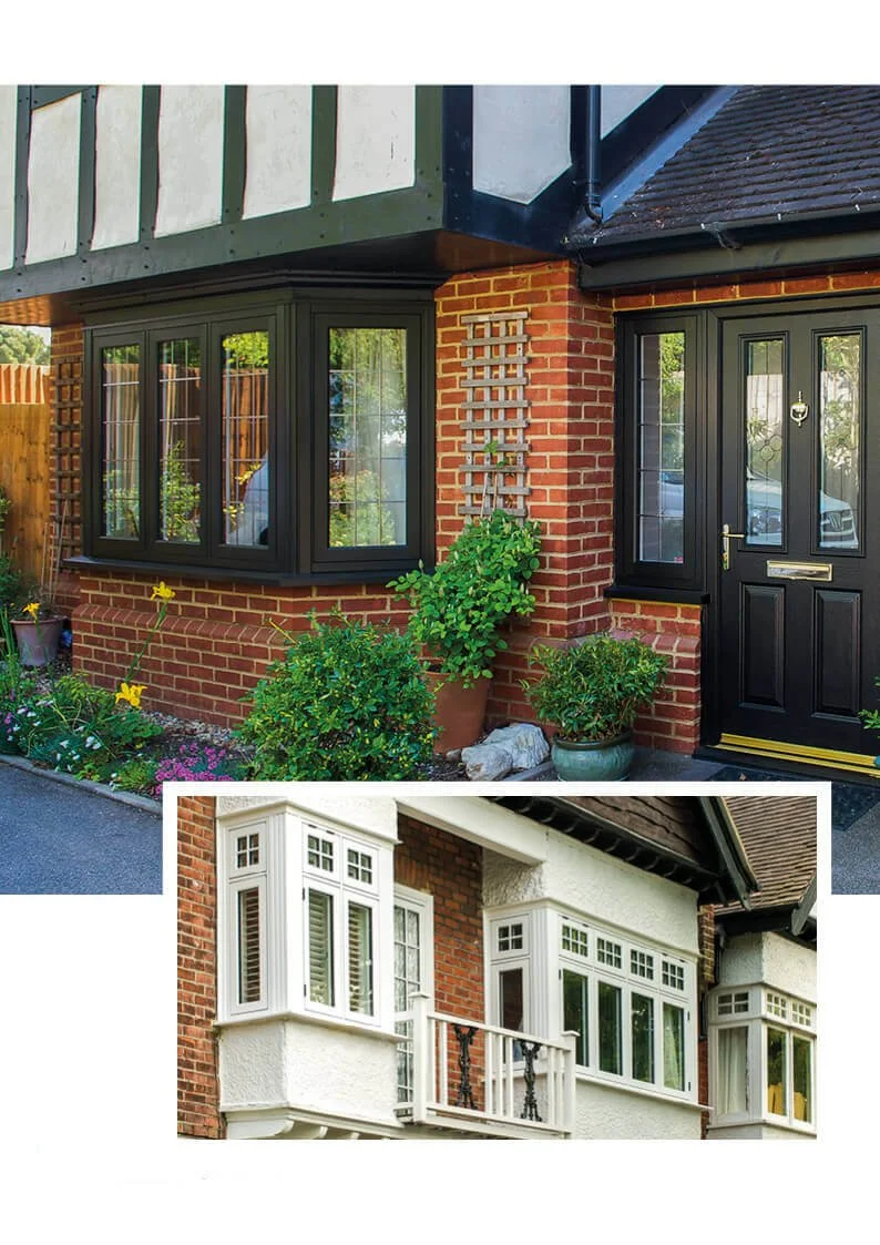 Comparison of two houses featuring different styles of bay windows; the first house has a brick exterior with black-framed bay windows and a garden with plants, while the second house has a white stucco exterior with white-framed bay windows and a sm