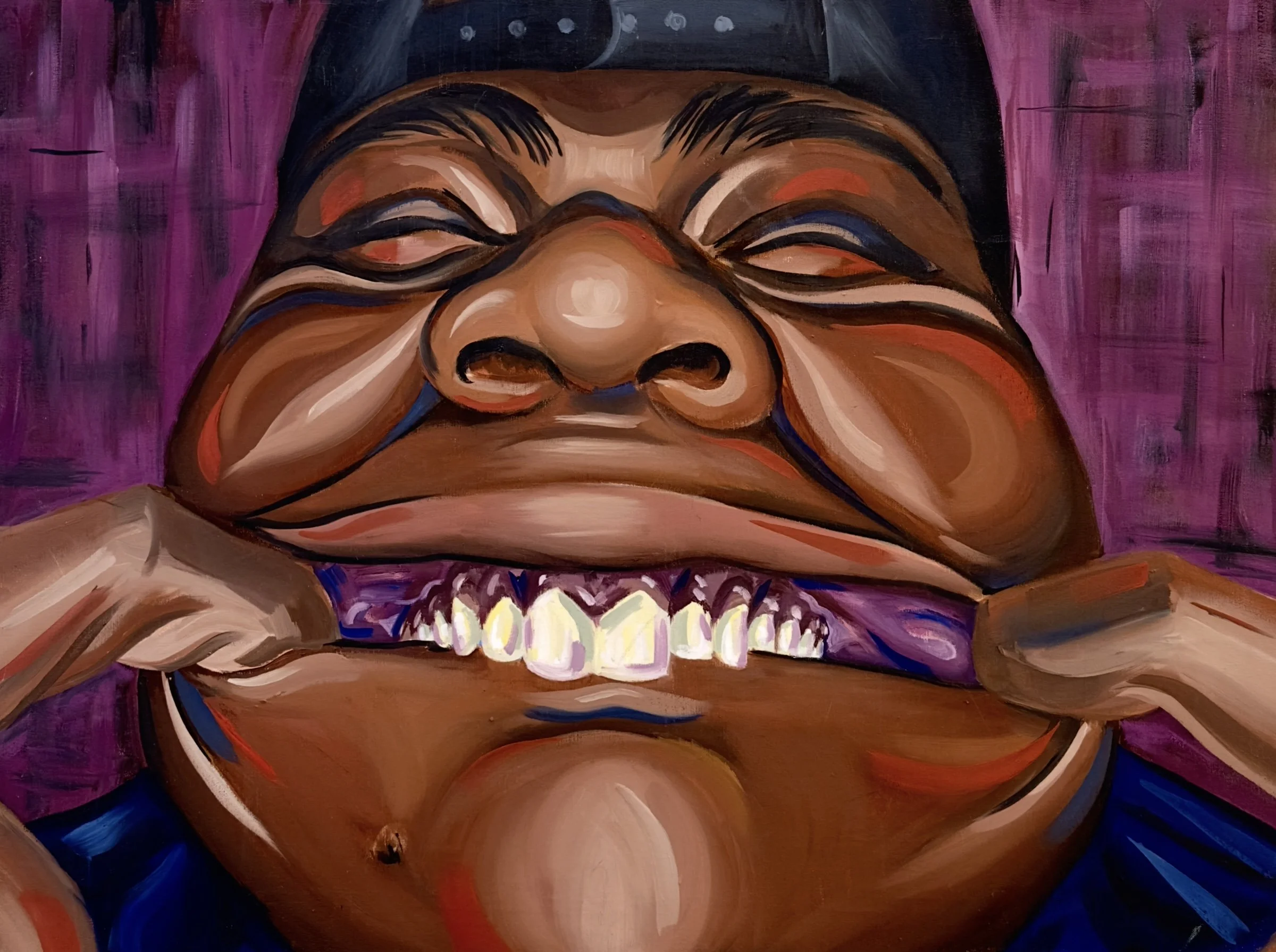 A colorful painting of a person pulling a smiley face by stretching their lips with both hands, with painted exaggerated facial features and a purple background.