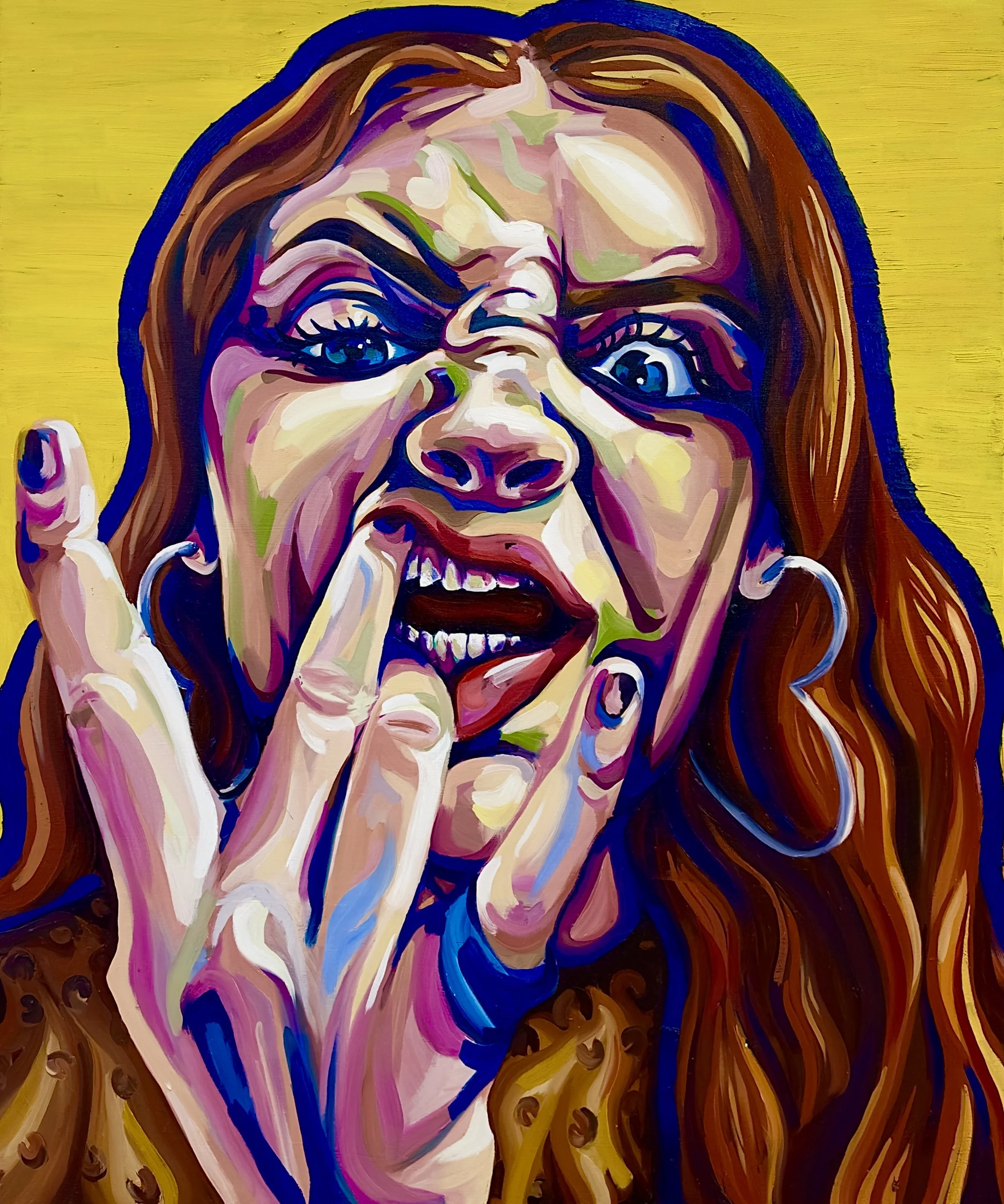 A colorful, expressive painting of a woman with long, wavy hair making a rude gesture. She has big, expressive eyes and her mouth is open, showing her teeth. She is holding up her middle finger close to her face.