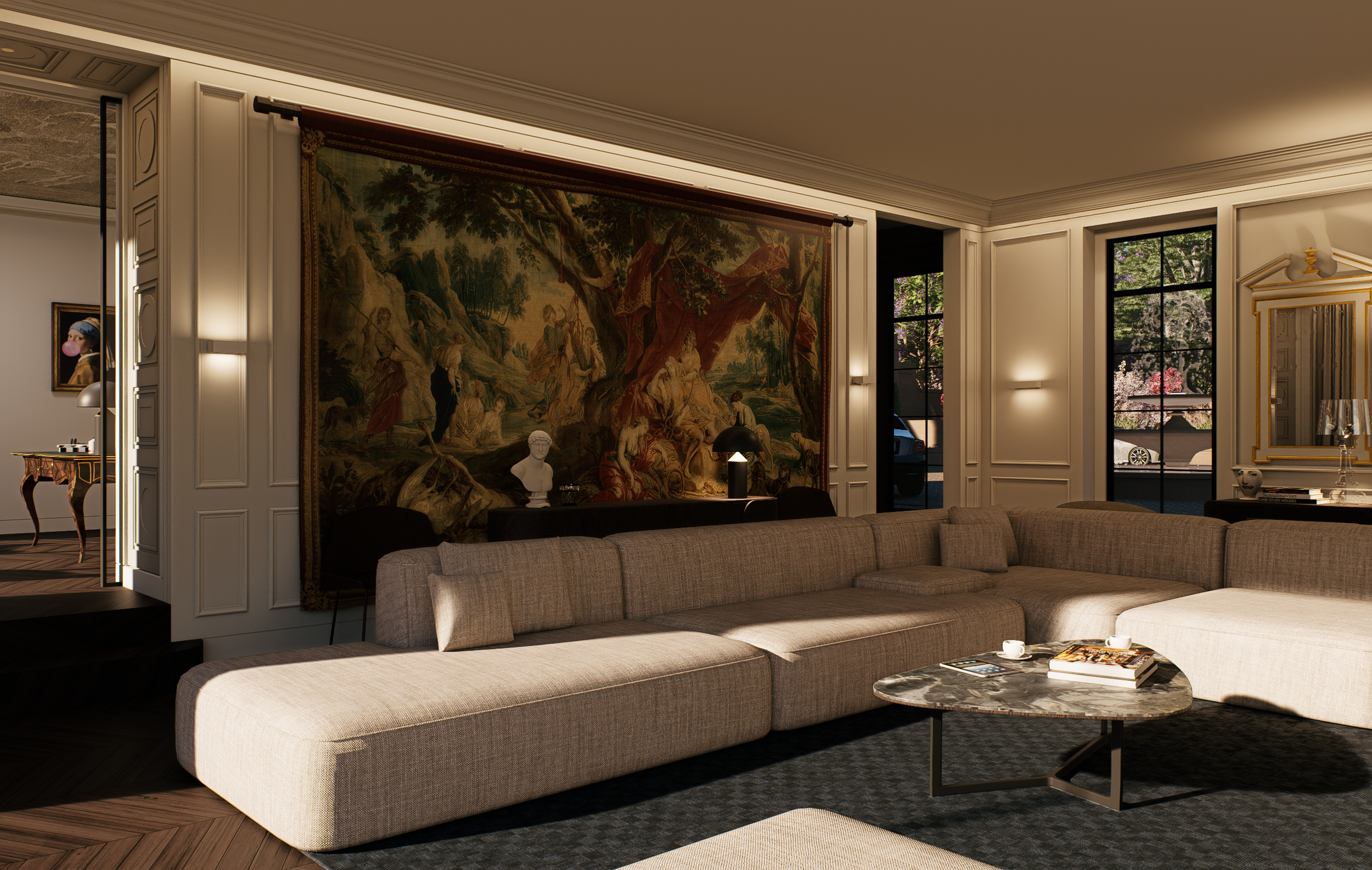 A modern living room with beige sectional sofa, black marble coffee table, large tapestry wall hanging, and windows showing greenery outside.