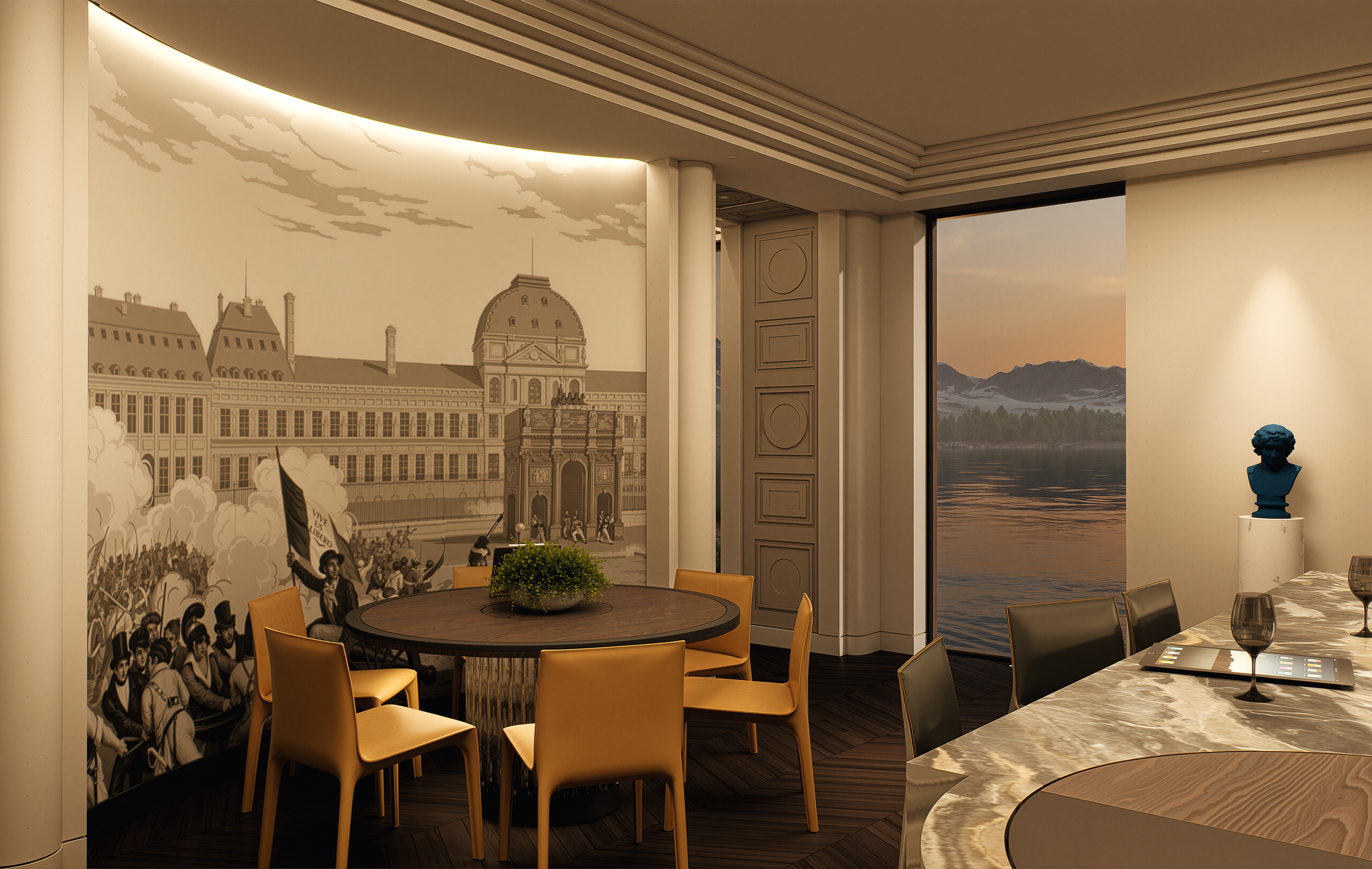 Interior of a room with a round table surrounded by tan chairs, a mural on the wall depicting historical buildings and a protest scene, a sculpture bust on a pedestal, and large windows showing a lake and mountains at sunset.