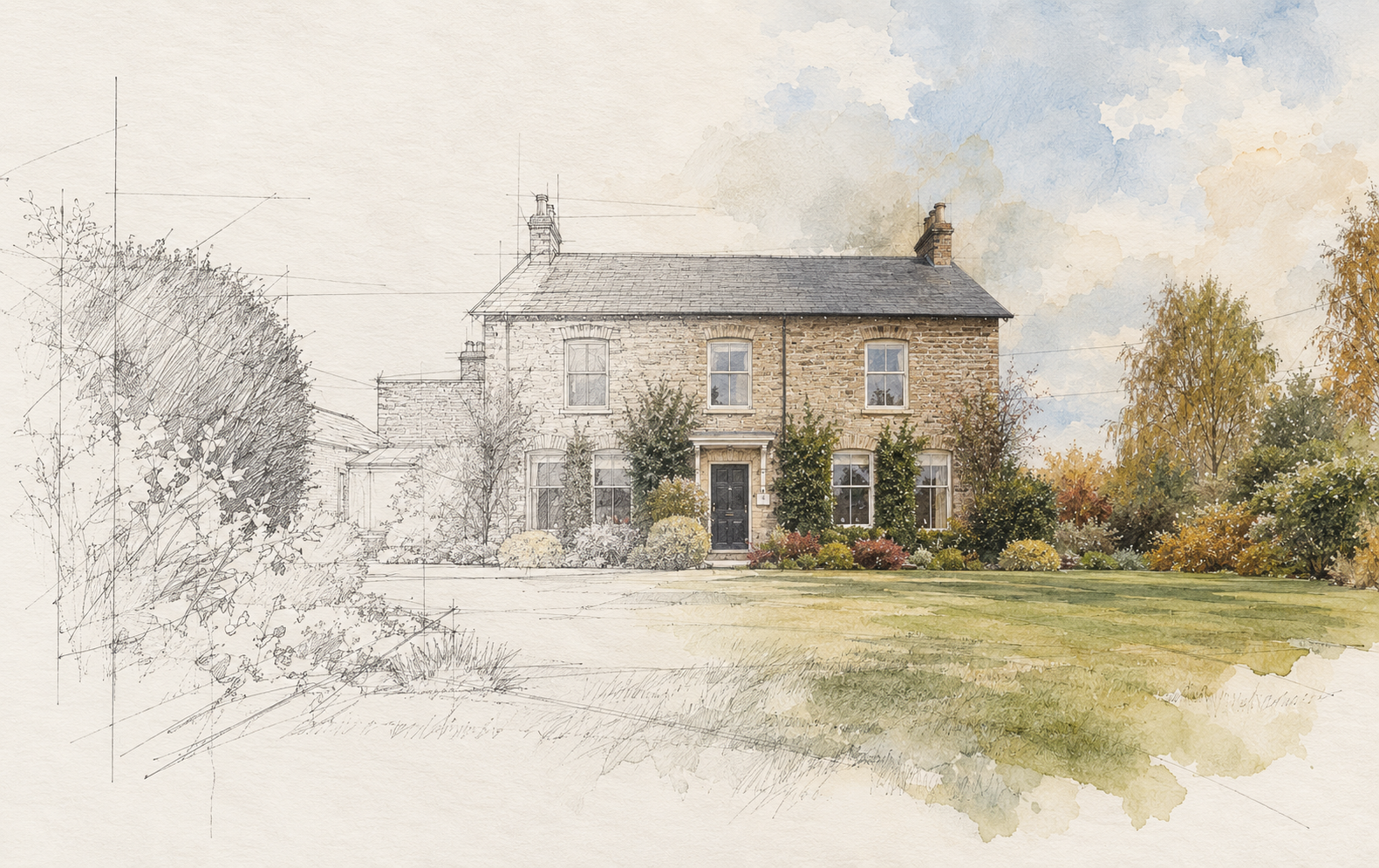 Watercolor illustration of a two-story brick house with black front door, surrounded by trees and bushes, with a lawn in front and a partly cloudy sky overhead.