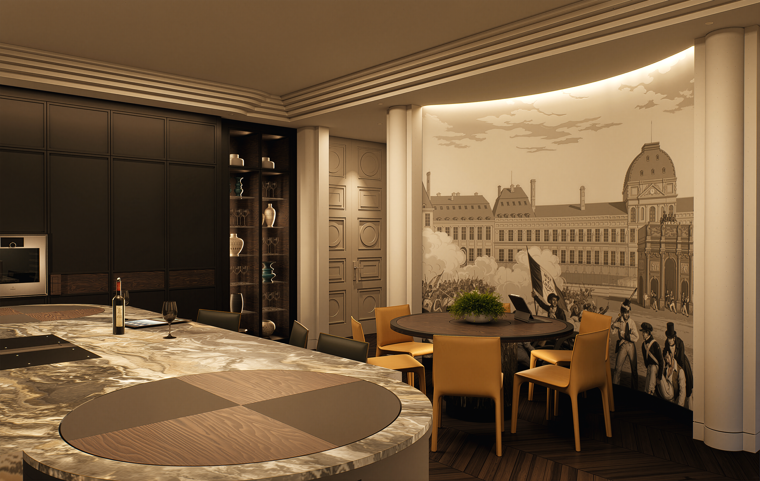 Modern dining room with a large marble table, beige chairs, black wall cabinets, and a mural of a historic European cityscape on the wall.