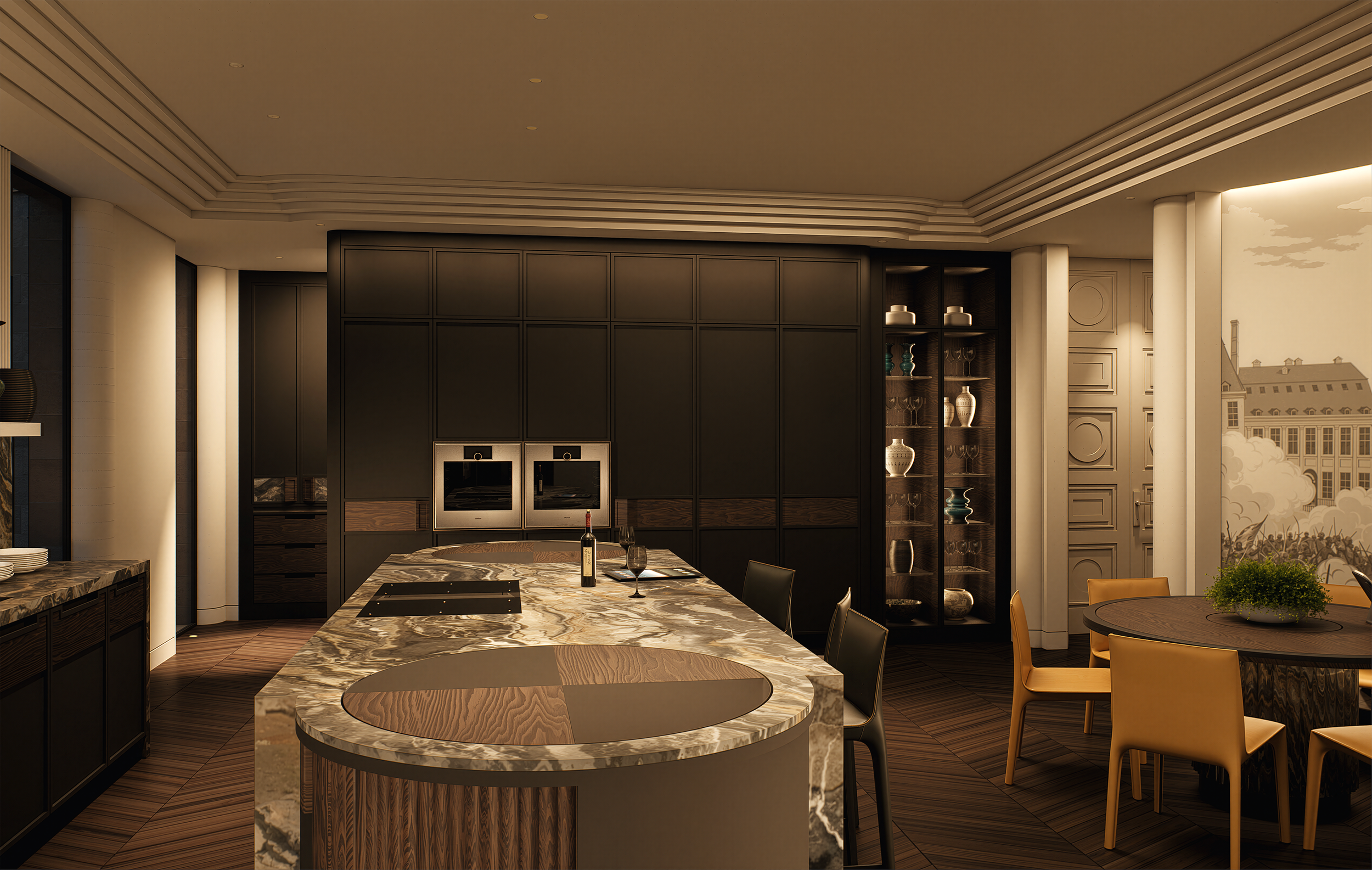 Modern kitchen with marble island, dark cabinetry, and a dining area with yellow and black chairs. Open view to building outside.