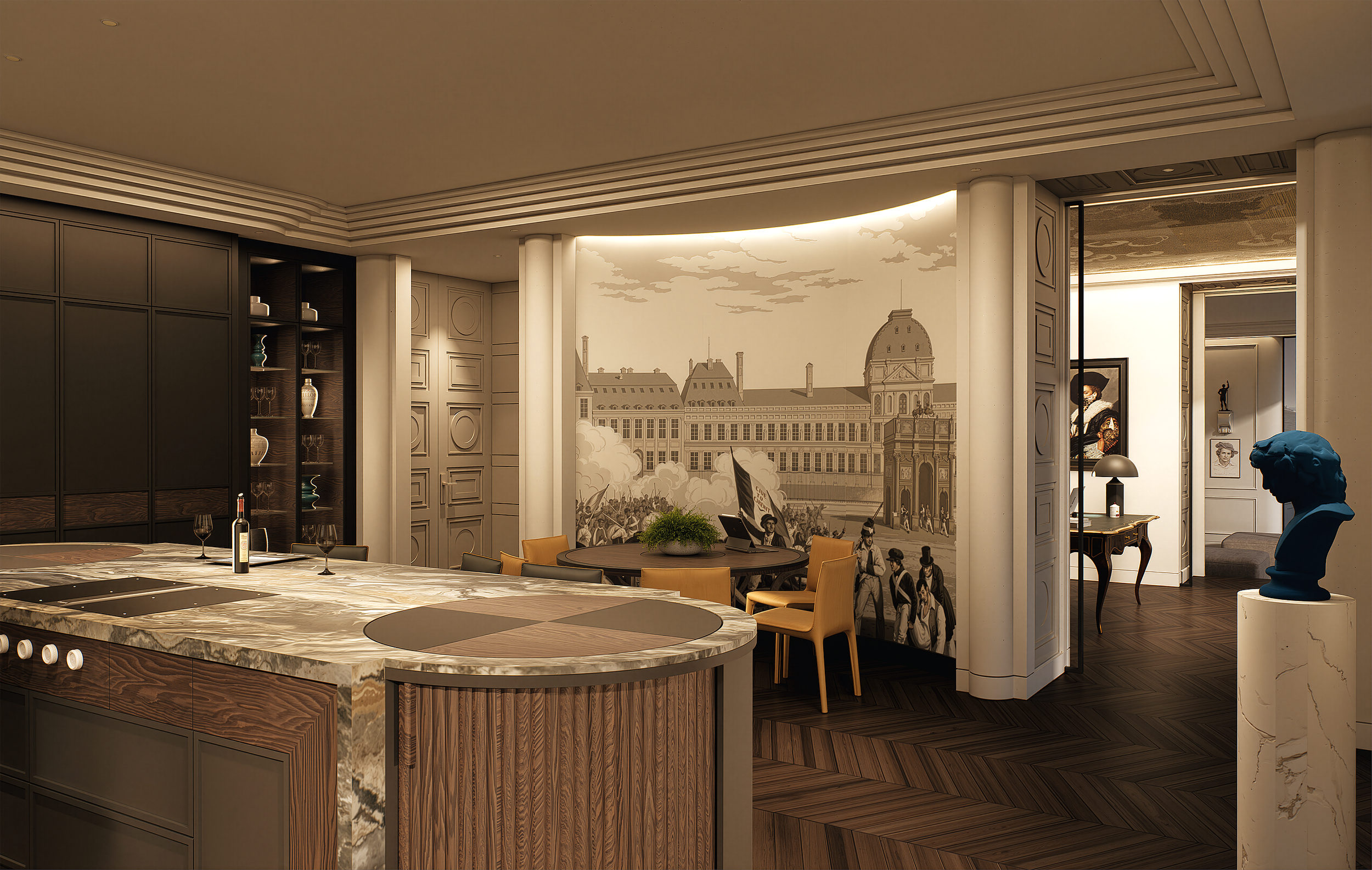 A modern interior dining area with a round table and beige chairs, featuring a large mural of historical buildings and a crowd with flags, and a wall display of decorative items and artwork, accented by warm lighting and wood flooring.