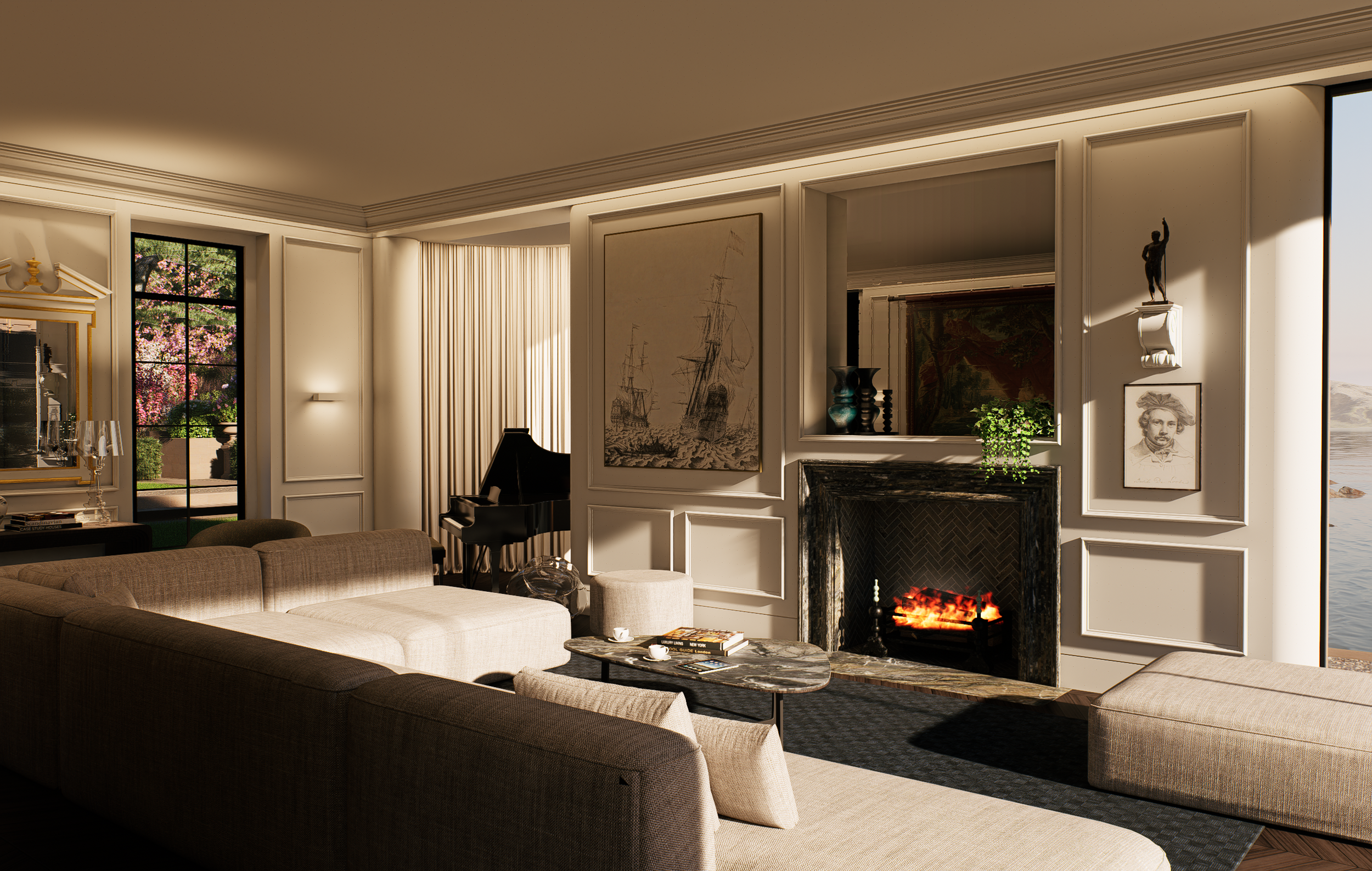 Living room with a beige sectional sofa, black grand piano, marble fireplace, artwork on the walls, and large windows showing outdoor greenery.