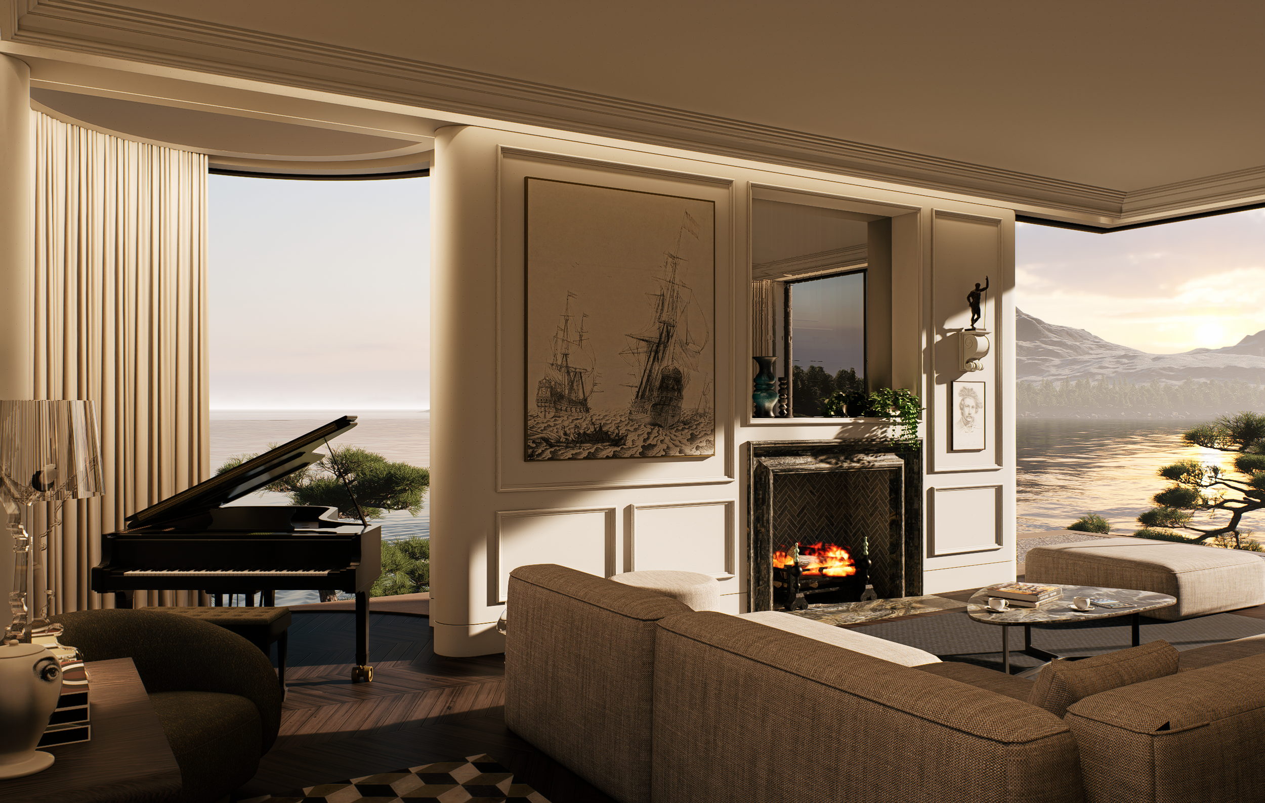 Living room with a fireplace, large windows overlooking a lake and mountains, a grand piano, art pieces, and modern furniture.