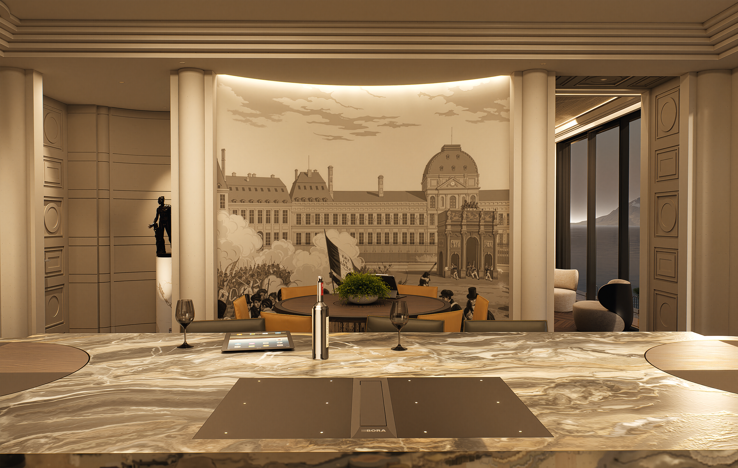 Interior view of a modern room with a large marble table, wine glasses, a potted plant, and a digital device. A mural of a historical cityscape with buildings and a crowd scene adorns the back wall, framed by large structural columns.