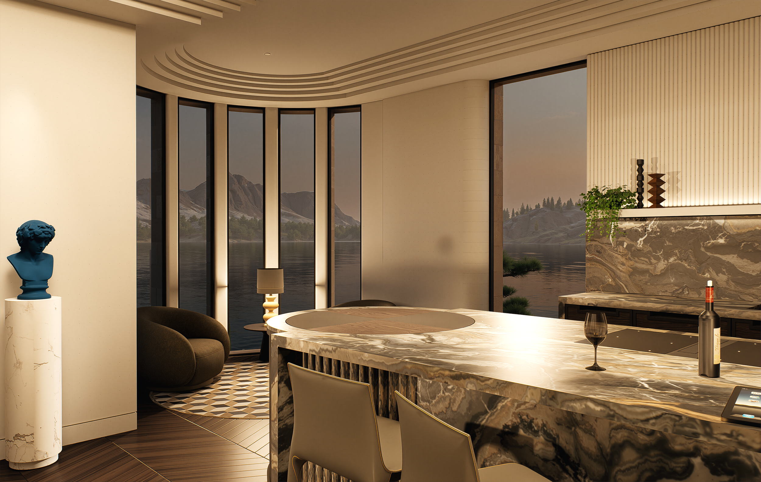 Interior view of a modern room with large floor-to-ceiling windows showcasing mountains and a lake, with decorative items including a blue bust sculpture, a lamp, and vases, along with a marble dining table and chairs.