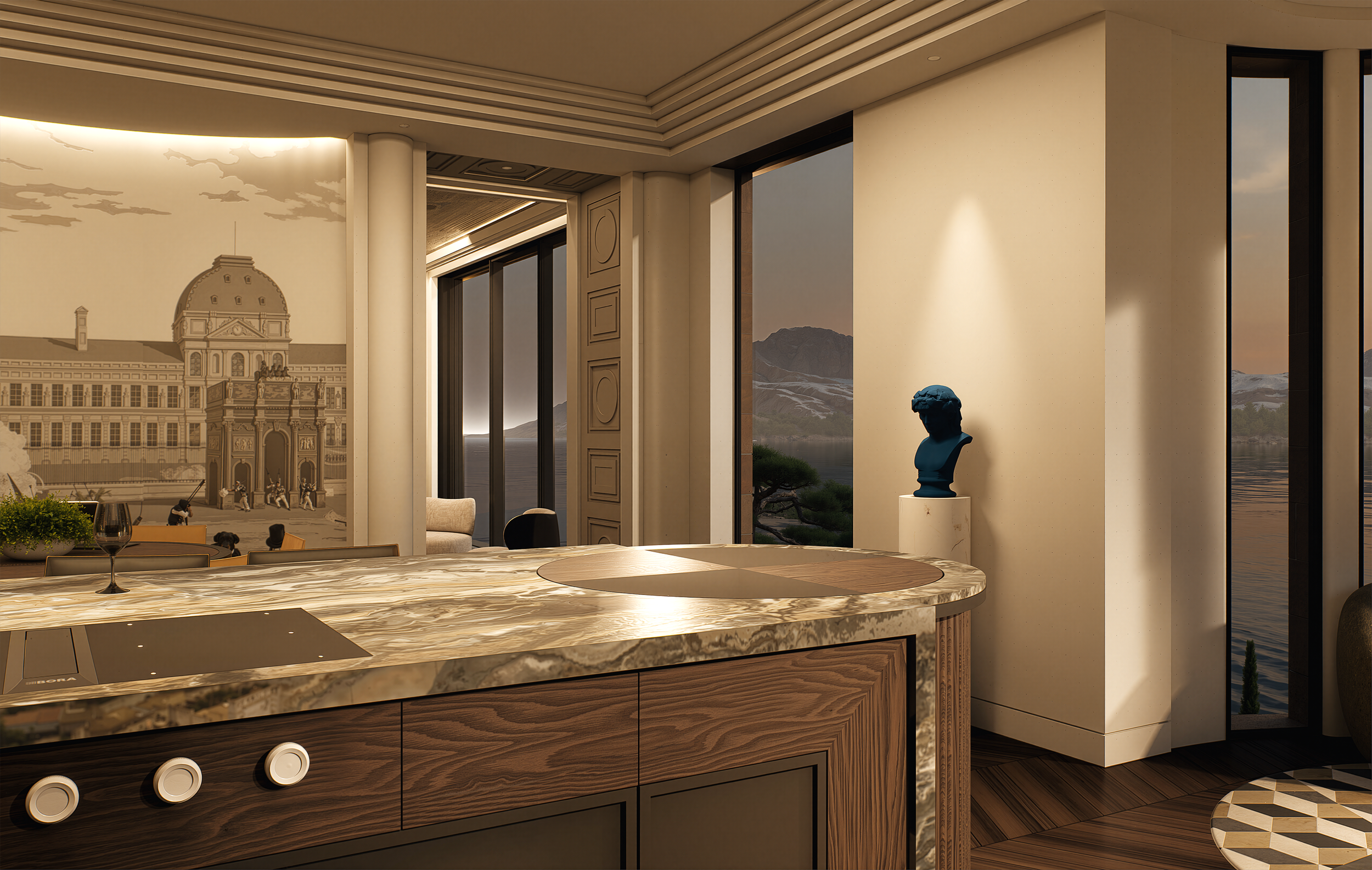 Modern interior view of a room with large windows showing mountains and water, a marble kitchen island, wooden cabinets, statues, and a mural of a historical building with soldiers.