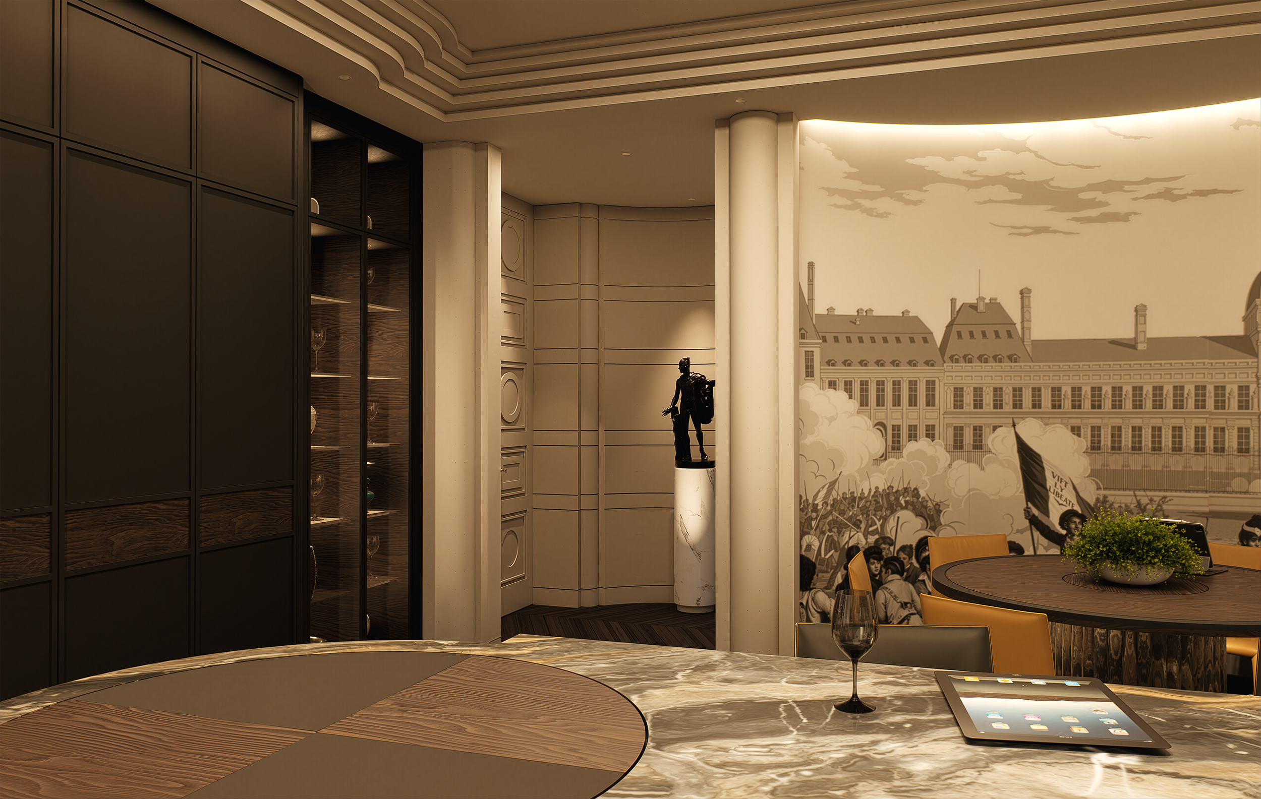 Modern interior space with round wooden tables, a tablet and wine glasses on one table, decorative columns, a mural of a historical scene, and a black sculpture of a soldier on a pedestal.