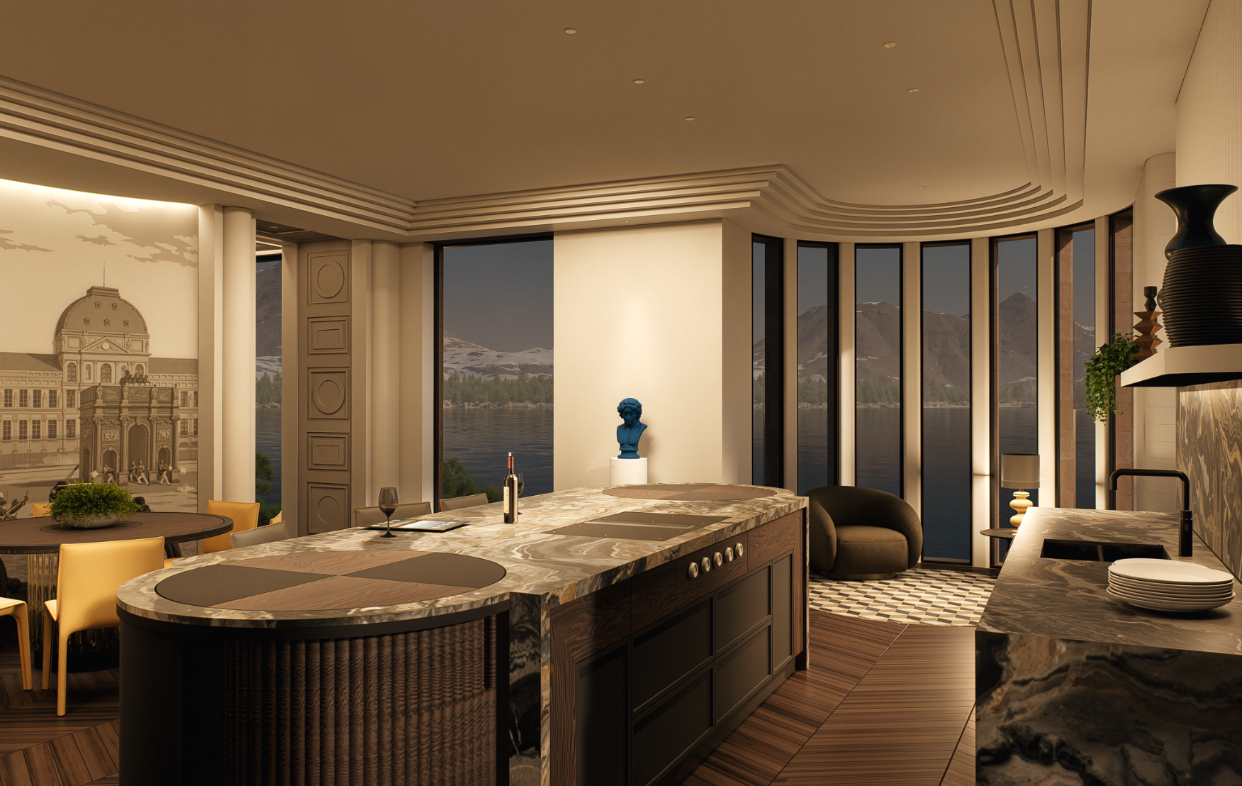 Modern kitchen and dining area with large windows overlooking a lake and snowy mountains, decorated with sculptures, plants, and a checkered floor.