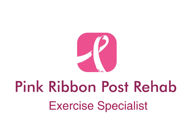 Pink Ribbon Post Rehab logo with a pink square icon featuring a white ribbon, and text 'Pink Ribbon Post Rehab' with 'Exercise Specialist' below.