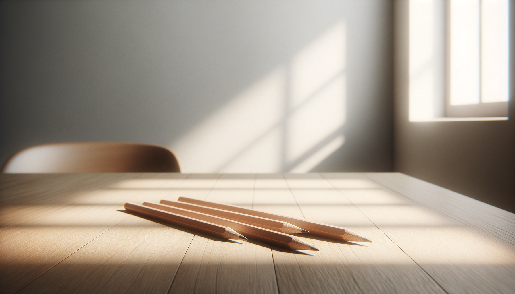 Five wooden pencils lying on a light-colored wooden table near a wall with sunlight streaming through a window, creating shadows.