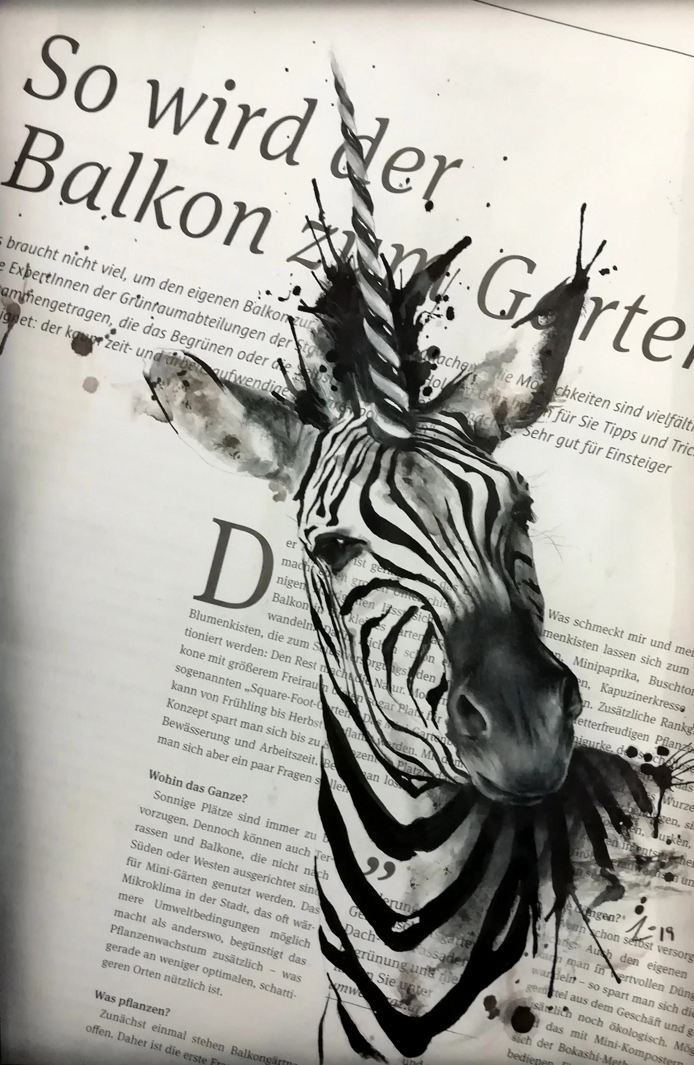 ZEBRA EINHORN / Buntstift & Aquarell auf Zeitungspapier / © Jennifer Perauer
