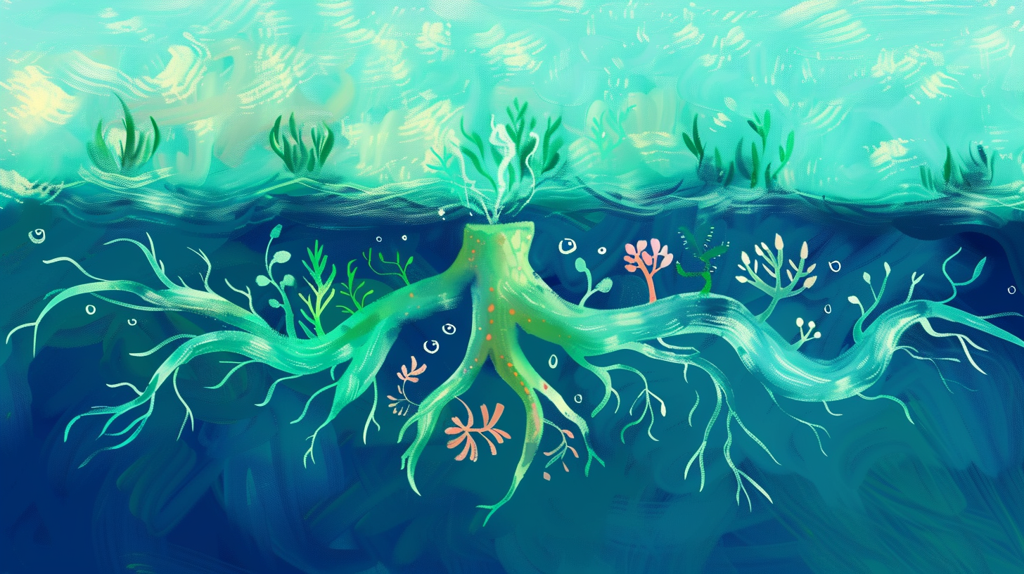 A colorful digital illustration of an underwater scene with a giant, branching root or coral structure at the center. The root emits bubbles and is surrounded by various sea plants and smaller corals, with a gradient blue background indicating water depth and brightness.