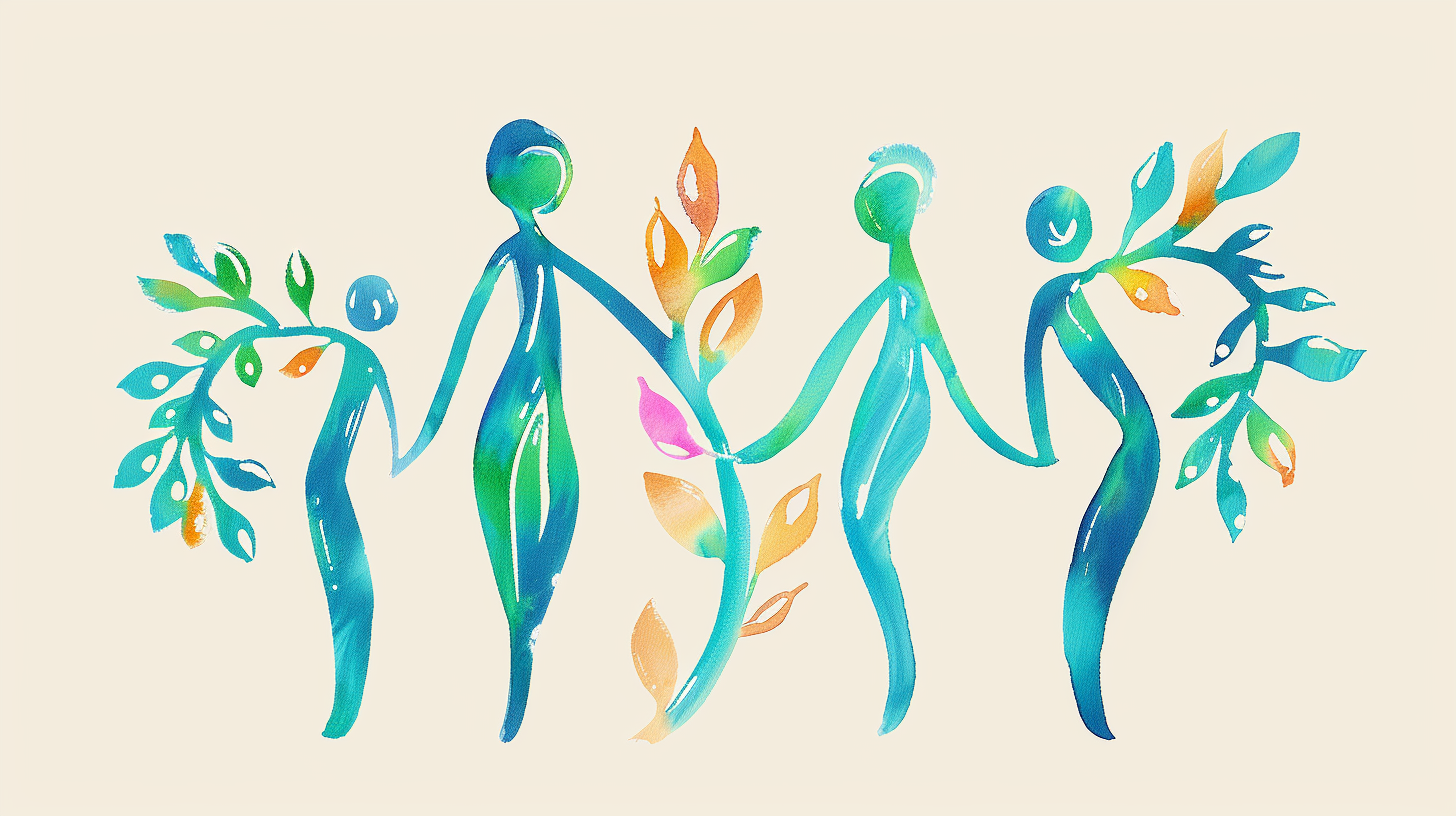 Watercolor illustration of four stylized human figures holding hands, with leaves and plants intertwined around them, symbolizing harmony and connection, in vibrant shades of blue, green, orange, pink, and purple.