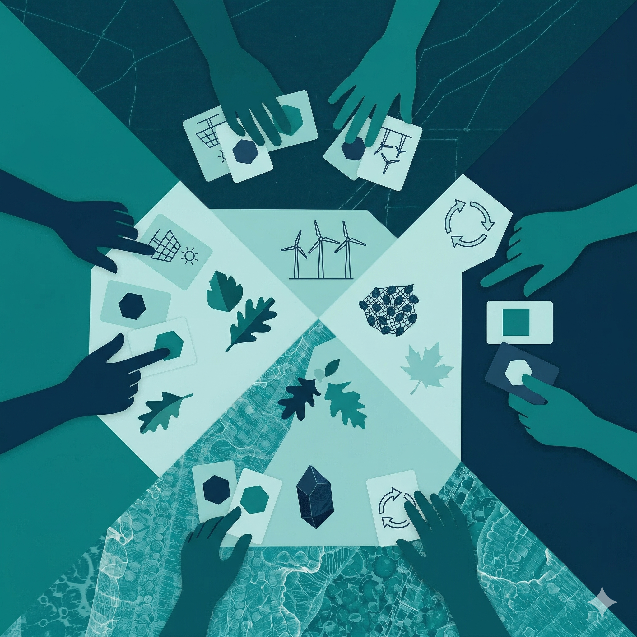 Multiple hands around a table playing a card game with environmental and renewable energy symbols, including wind turbines, leaves, and recycling icons.