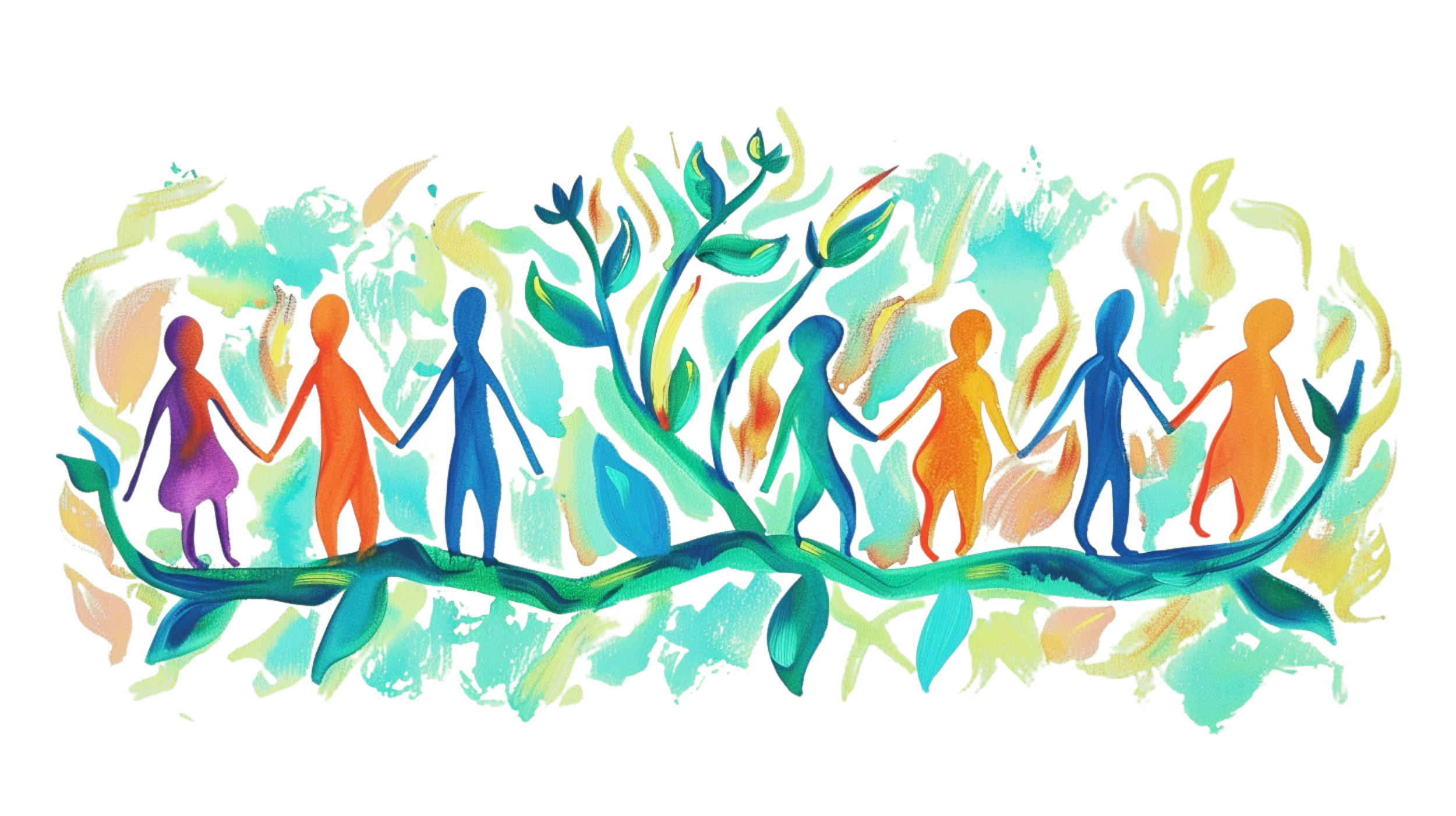 Colorful illustration of diverse people holding hands in a circle amid large abstract floral and leaf shapes.