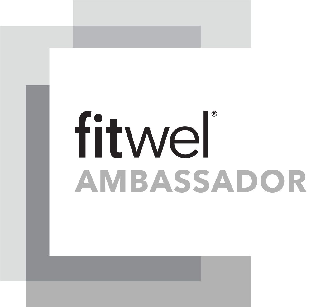 Fitwel Ambassador logo on a background with shades of gray and black.