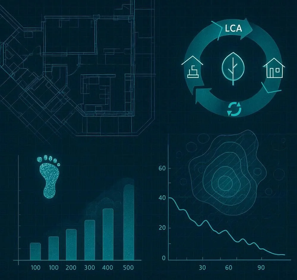 Blueprint-style digital graphic with a house plan, a circular diagram labeled LCA, a footprint icon, a bar chart, and a contour map, representing architecture, environmental analysis, or sustainability concepts.