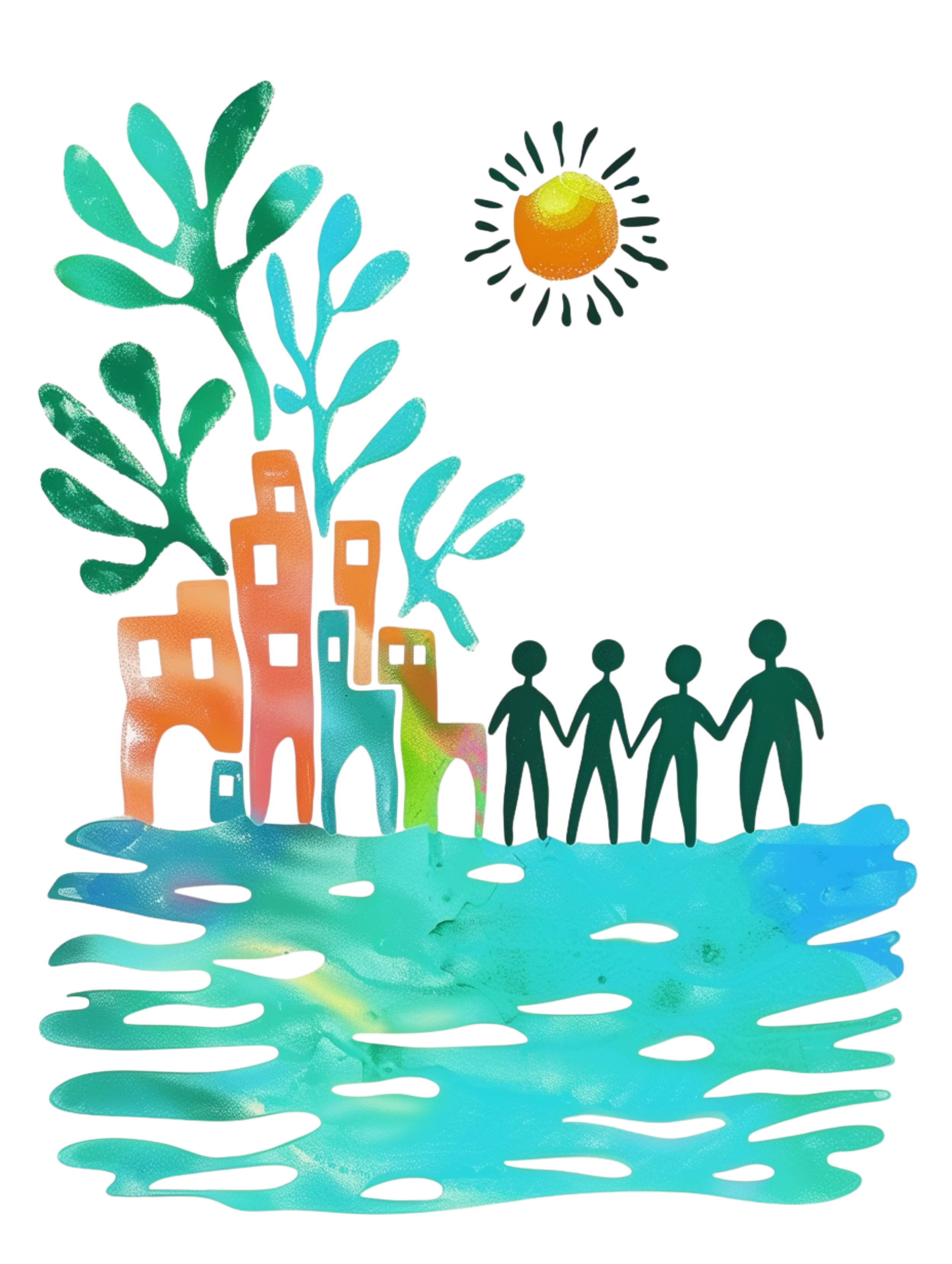 Silhouette of four people holding hands near colorful abstract cityscape and trees with water in the foreground, plus a floating yellow and black sphere.