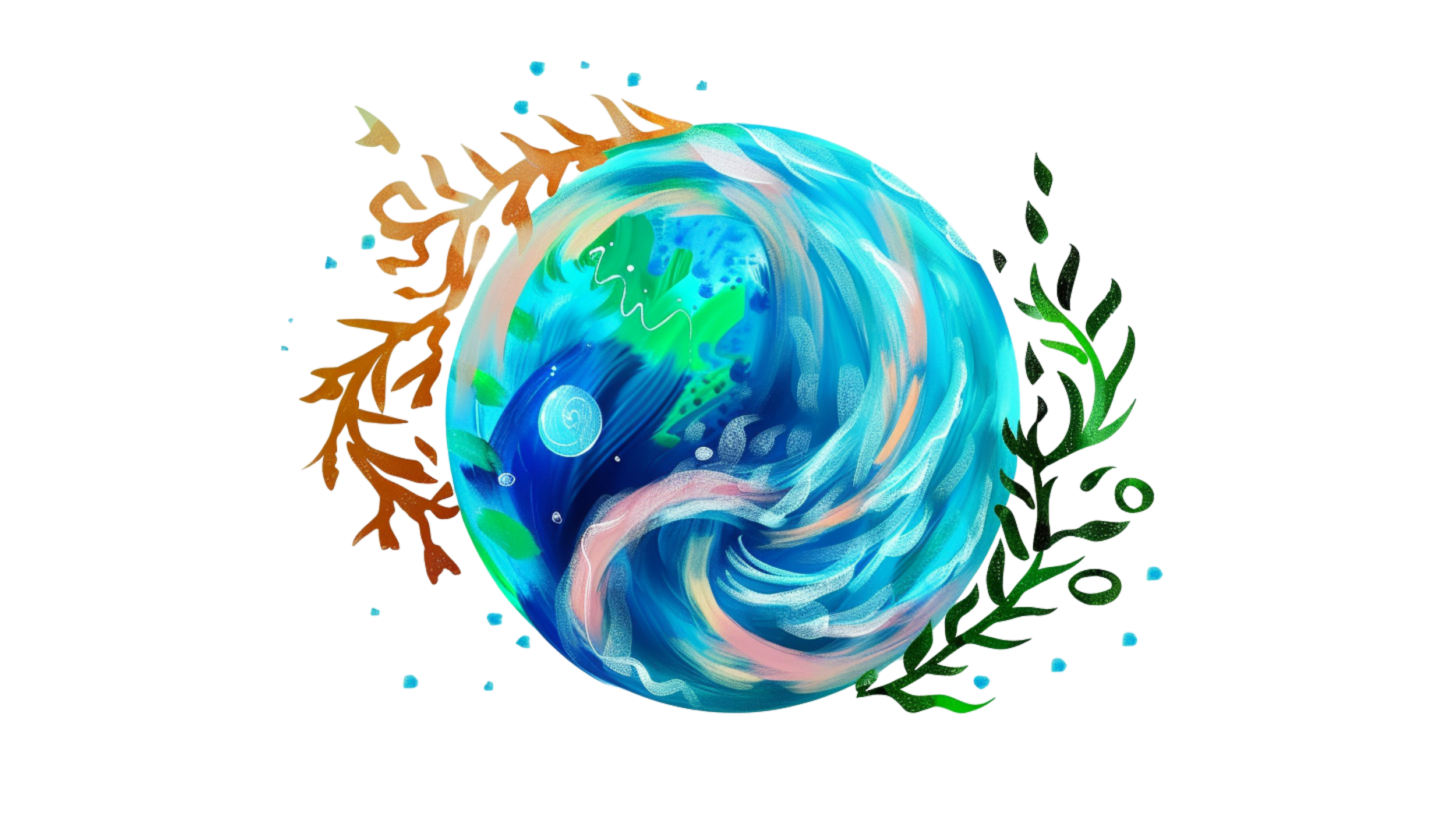 An artistic illustration of Earth surrounded by colorful aquatic elements and coral branches.