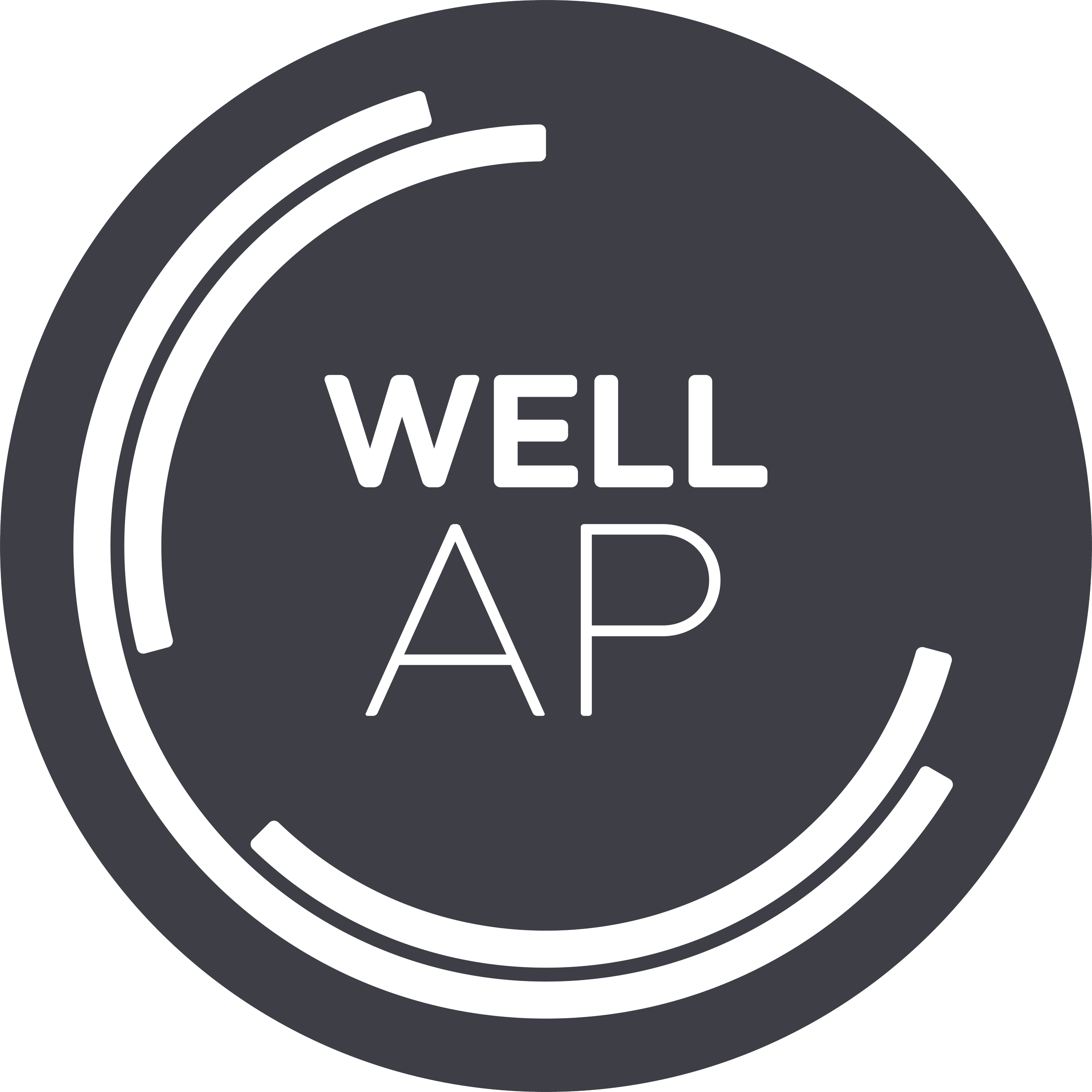 A dark gray circular badge with white stylized concentric arcs and the words "WELL AP" in the center.