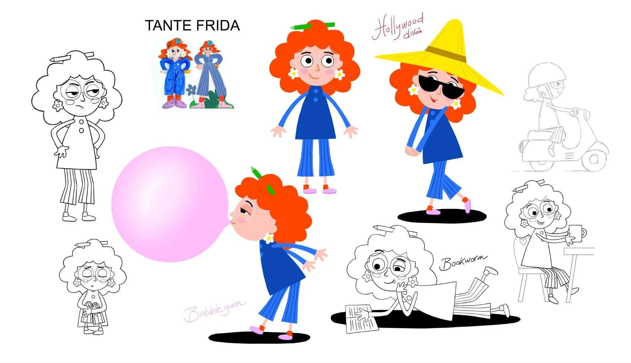 Zeichnung einer Frau namens Tante Frida in verschiedenen Posen, teils in Farbe, teils als Skizze. Sie hat rothaariges, lockiges Haar, trägt blaue Kleidung, einen großen gelben Hut, Sonnenbrille und Blumenohrringe. Es gibt handgeschriebene Notizen wie "Hollywod Diva" und "Bubblegum" sowie Skizzen von Gegenständen wie einem Roller, einem Buch und einer großen rosa Kugel.