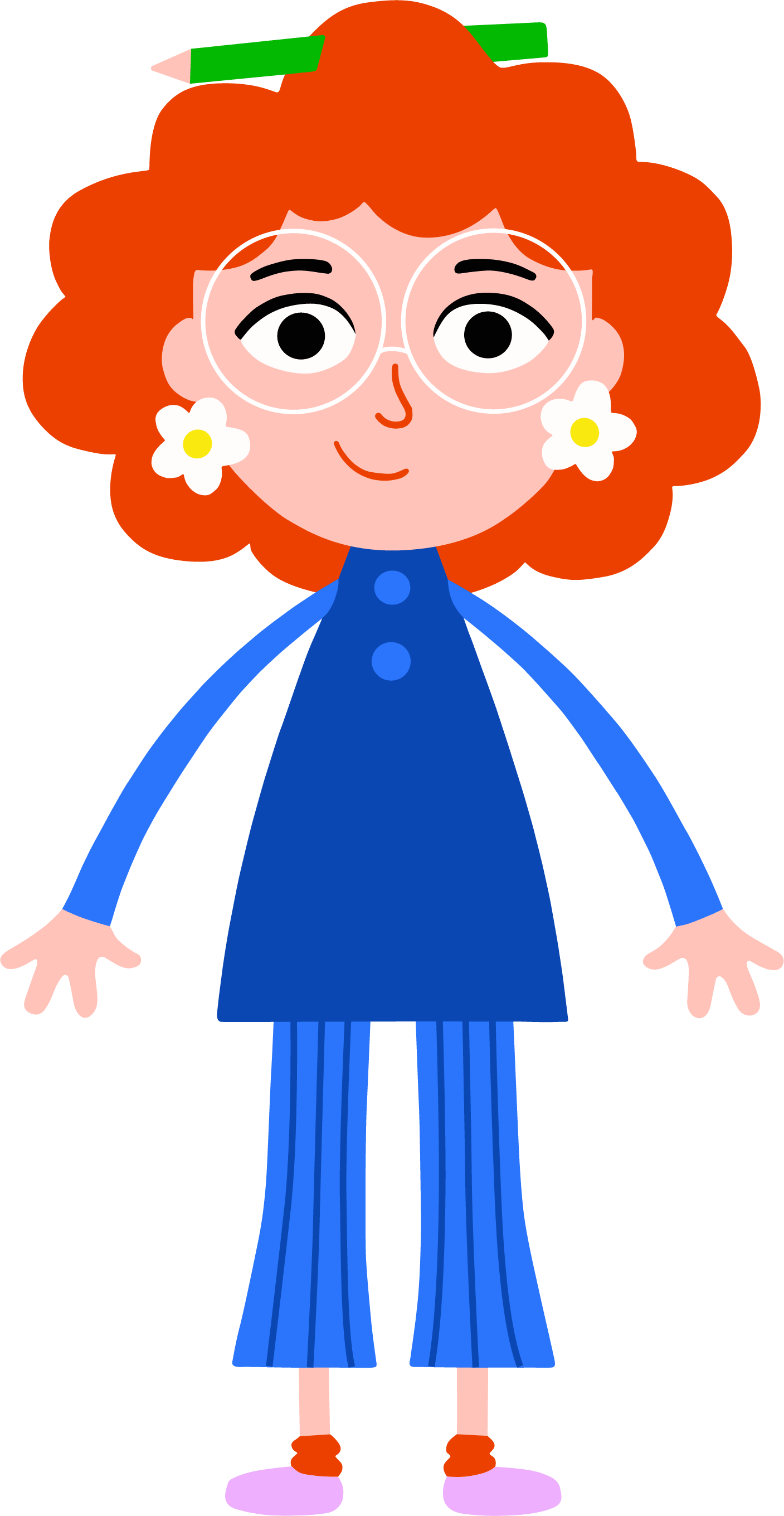 Illustration eines lachenden Mädchens mit rotem, lockigem Haar, die eine große Brille trägt, weiße Blumen an den Ohren, eine grüne Bleistift- und eine pinke Bleistift-Spitze im Haar, trägt ein blaues Kleid und blaue gestreifte Hosen, pink geschnürte Schuhe und rote Knöchelbandchen.