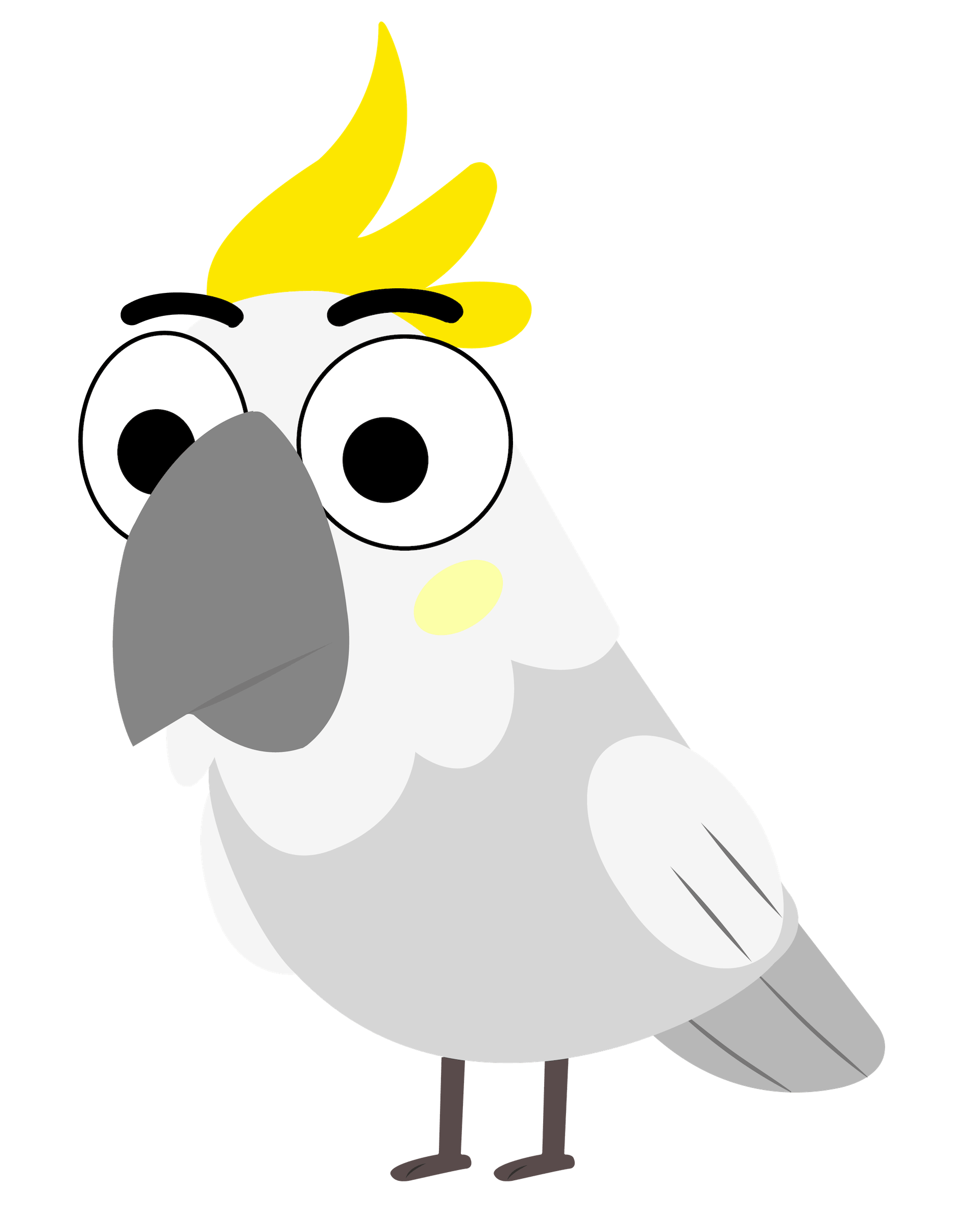 Cartoon-figur eines Vogels mit großen Augen, graurem Schnabel, gelbem Kamm und weißen Gefiedern auf einem schwarzen Hintergrund.