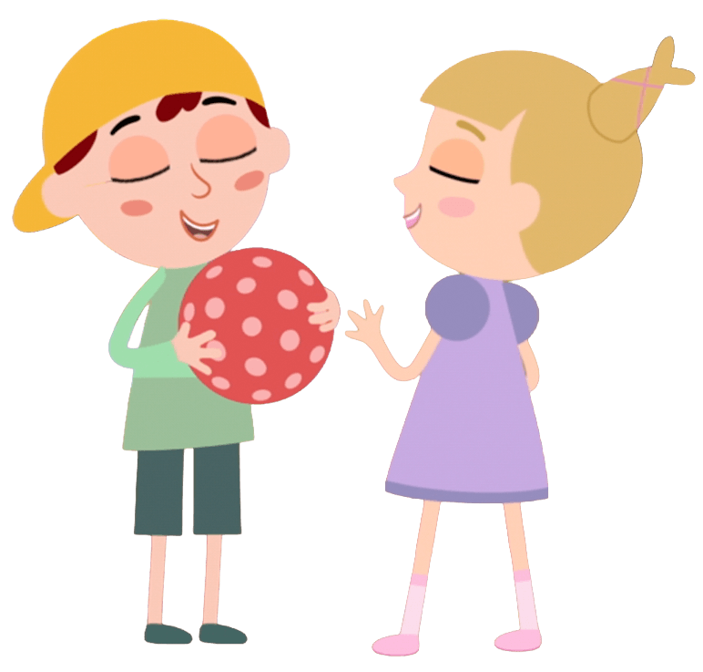 Zwei Kinder, ein Junge mit gelber Kappe und ein Mädchen mit einem Zopf, spielen zusammen. Der Junge hält einen roten Ball mit weißen Punkten. Beide lachen und scheinen Spaß zu haben.