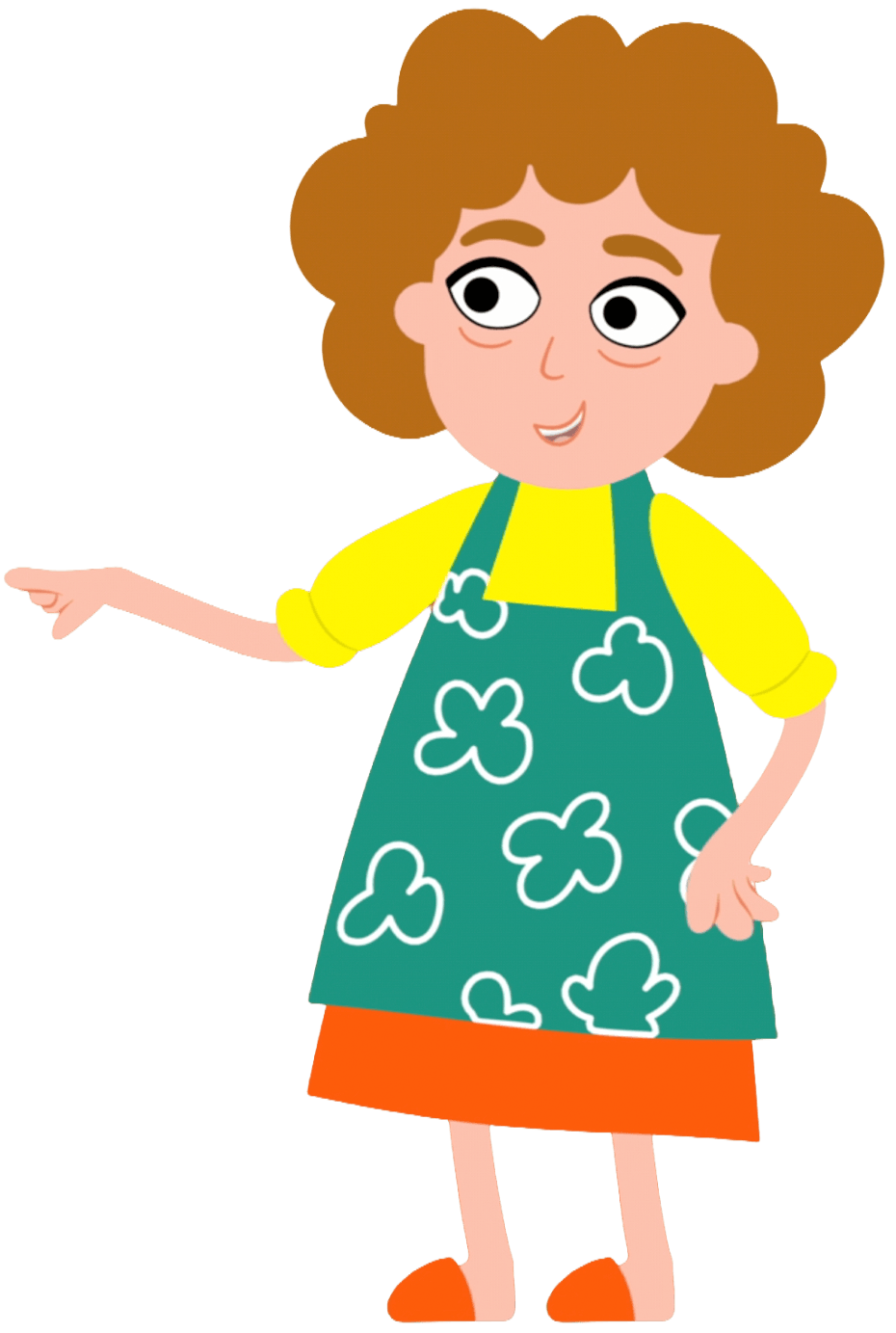Eine cartoonartige Frau mit braunen, lockigen Haaren trägt ein grünes Kleid mit weißen Wolkenmustern, eine gelbe Bluse, orange Schuhe, und hat einen freundlichen Ausdruck, wobei sie eine Hand hebt.