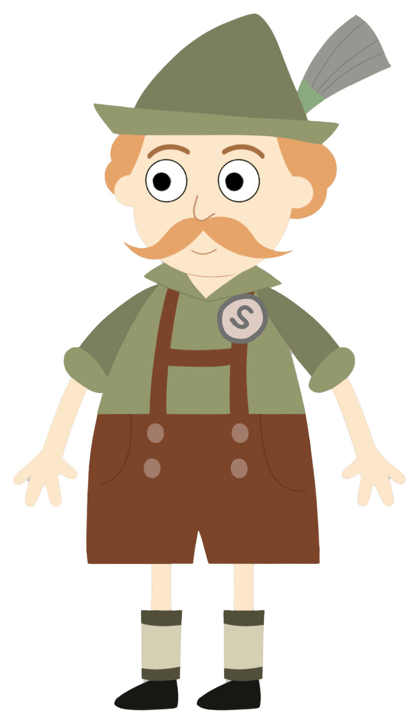 Cartoon-Figur eines Mannes im Lederhosen-Kostüm mit Hirschhut und Burschenstil, lachend, mit Pfeife, auf einer neutralen Hintergrund.