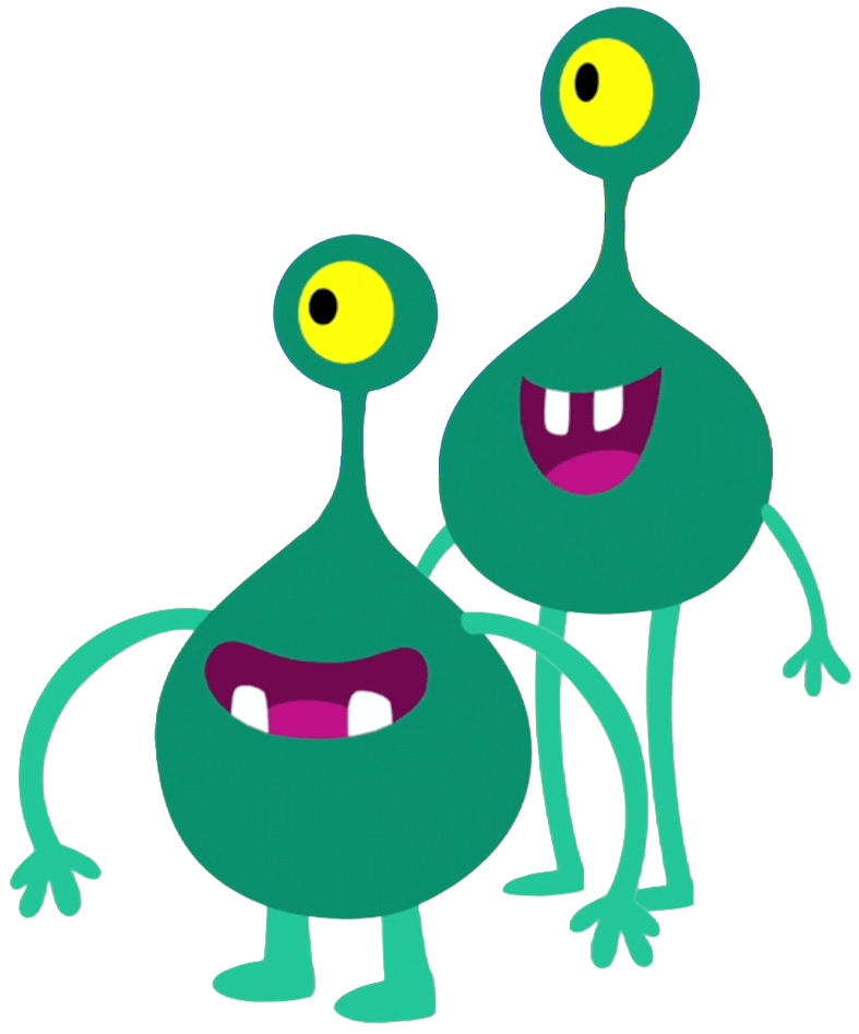 Zwei grüne, cartoonartige Monster mit großen gelben Augen, lachend und Hand in Hand. Eines hat zwei Zähne, das andere drei.