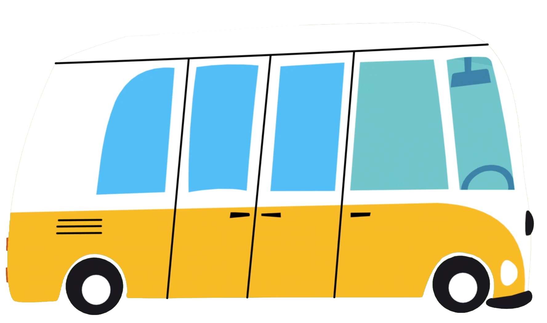 Ein stilisiertes, cartoonartiges Miniaturvans in Weiß und Gelb mit blauen Fenstern.