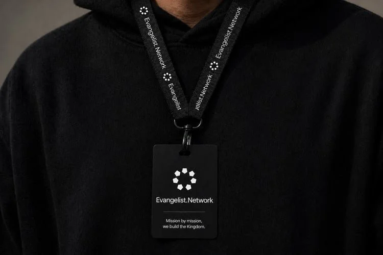 Christian ministry brand identity applied to an event lanyard for Evangelist Network.