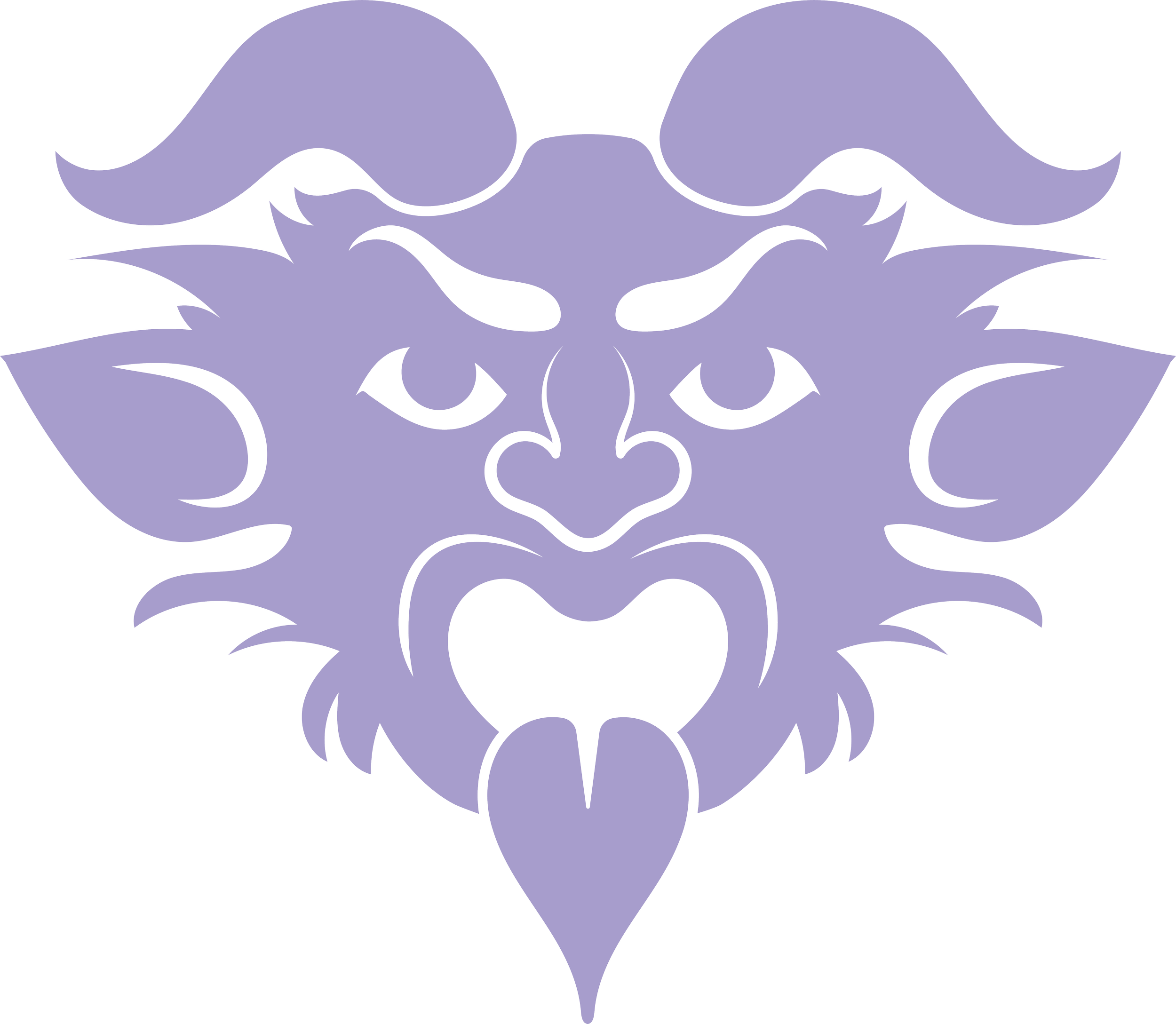 Design stilizzato di un volto di leone o tigre in colori viola, con dettagli astratti e linee fluide.