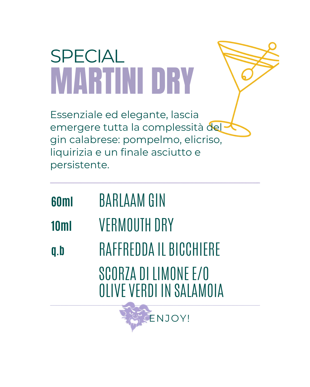 Ricetta per un cocktail Martini Dry, con ingredienti come gin Barlaam, vermouth dry, ghiaccio e scorza di limone o olive verdi in salamoia, accompagnata da un'illustrazione di un bicchiere da cocktail.