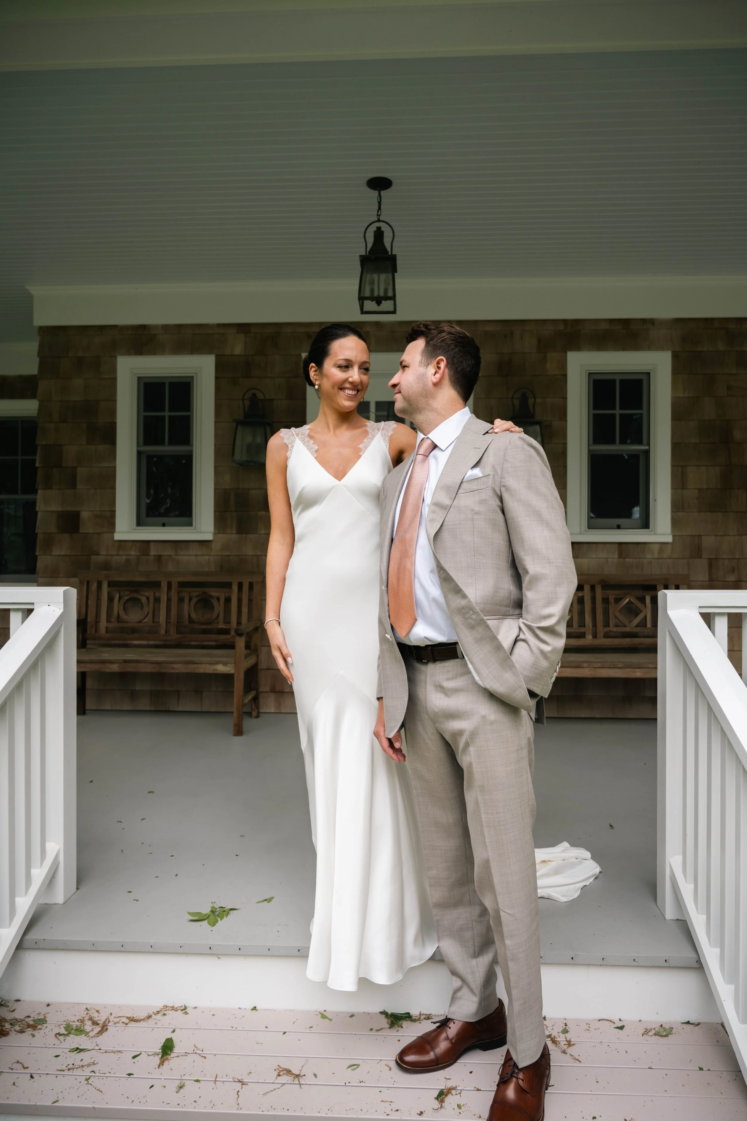 Bride and groom portrait at family home in Sag Harbor