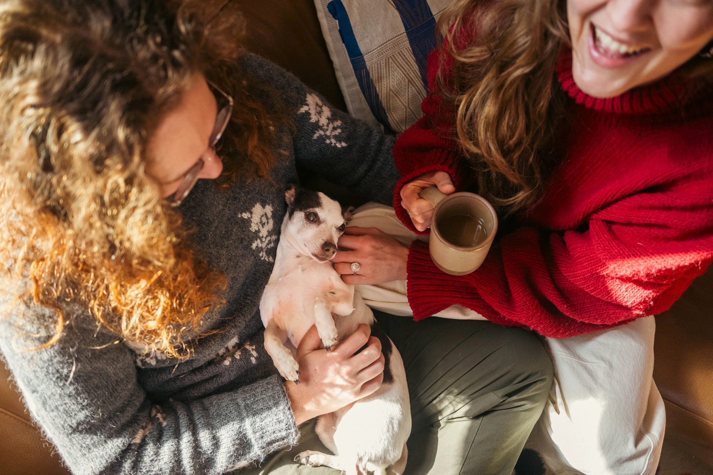 Couple and their dog relaxing on the couch during an at-home engagement session in Crown Heights, Brooklyn