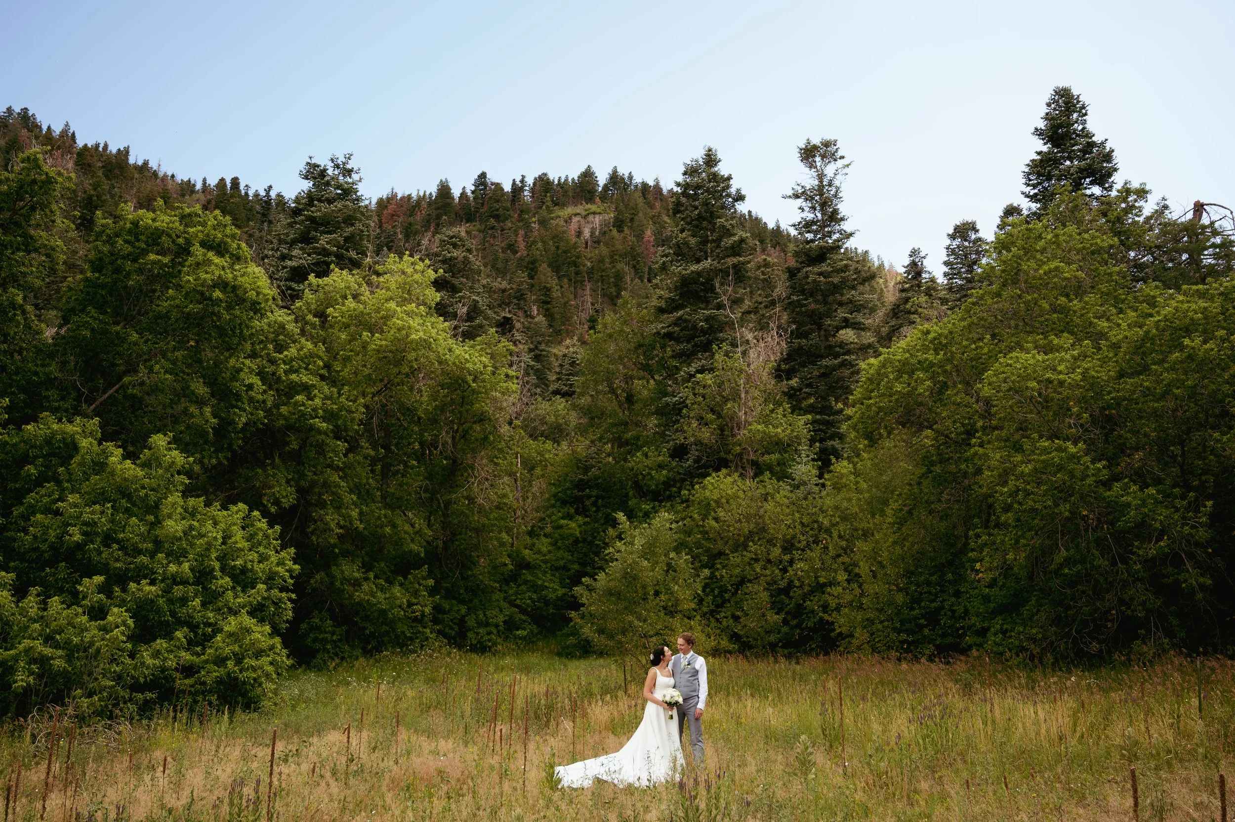 Bride and groom posing in front of the Albuquerque New Mexico mountain range at their wedding