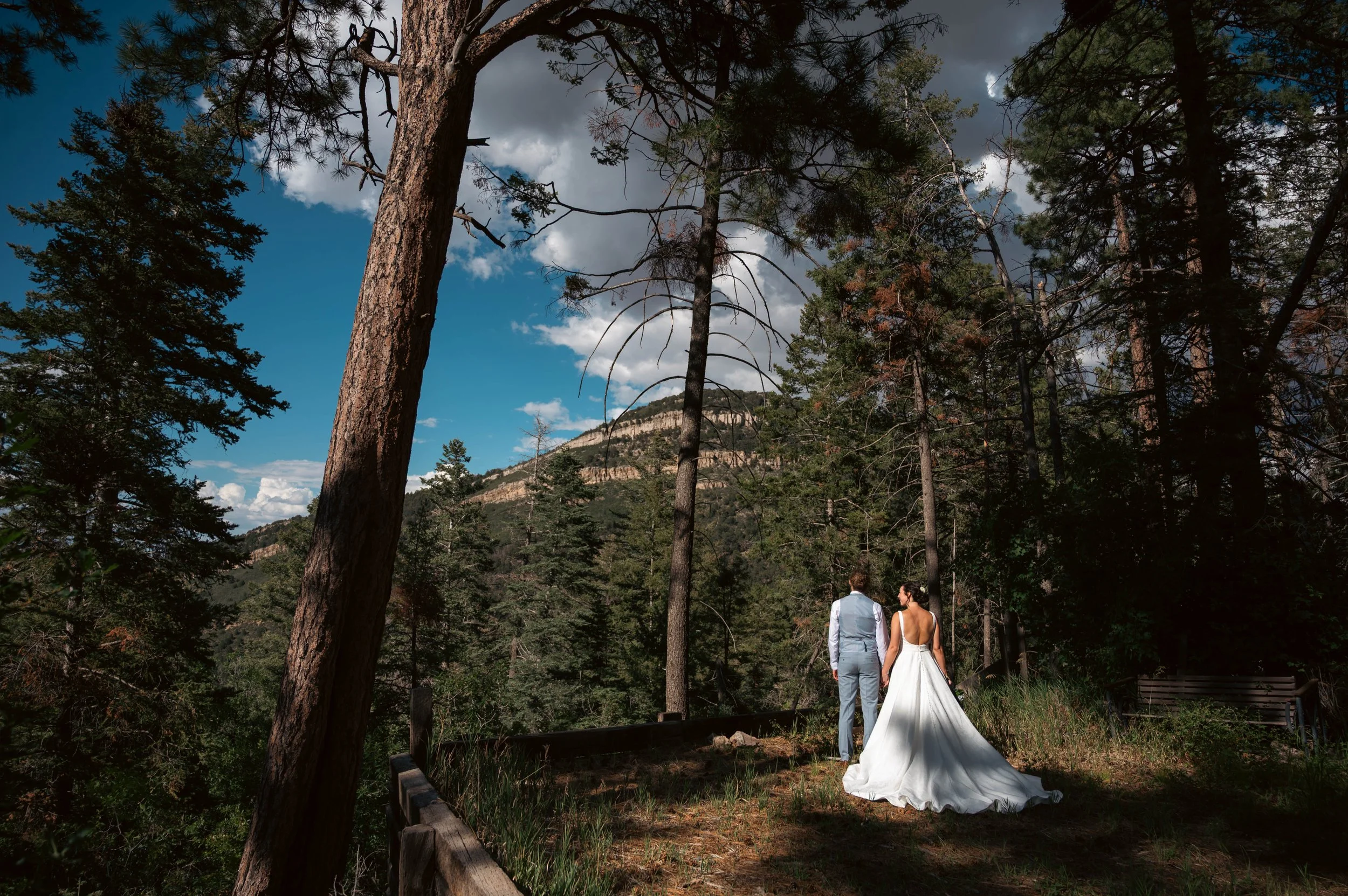 Bride and groom looking out at the mountains together at their Albuquerque New Mexico wedding