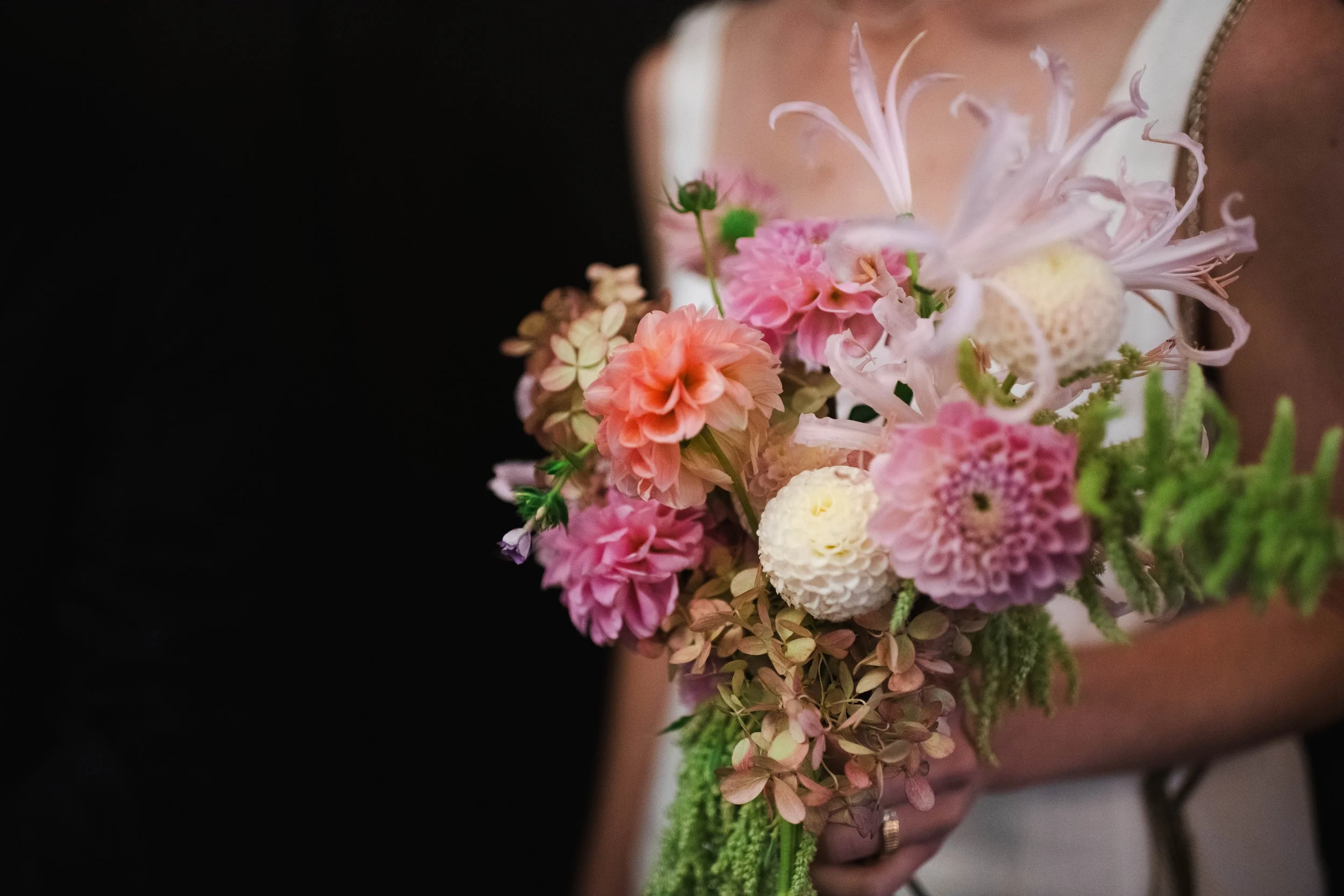 Detail shot of a bride's flowers inside the Manhattan courthouse on her wedding day