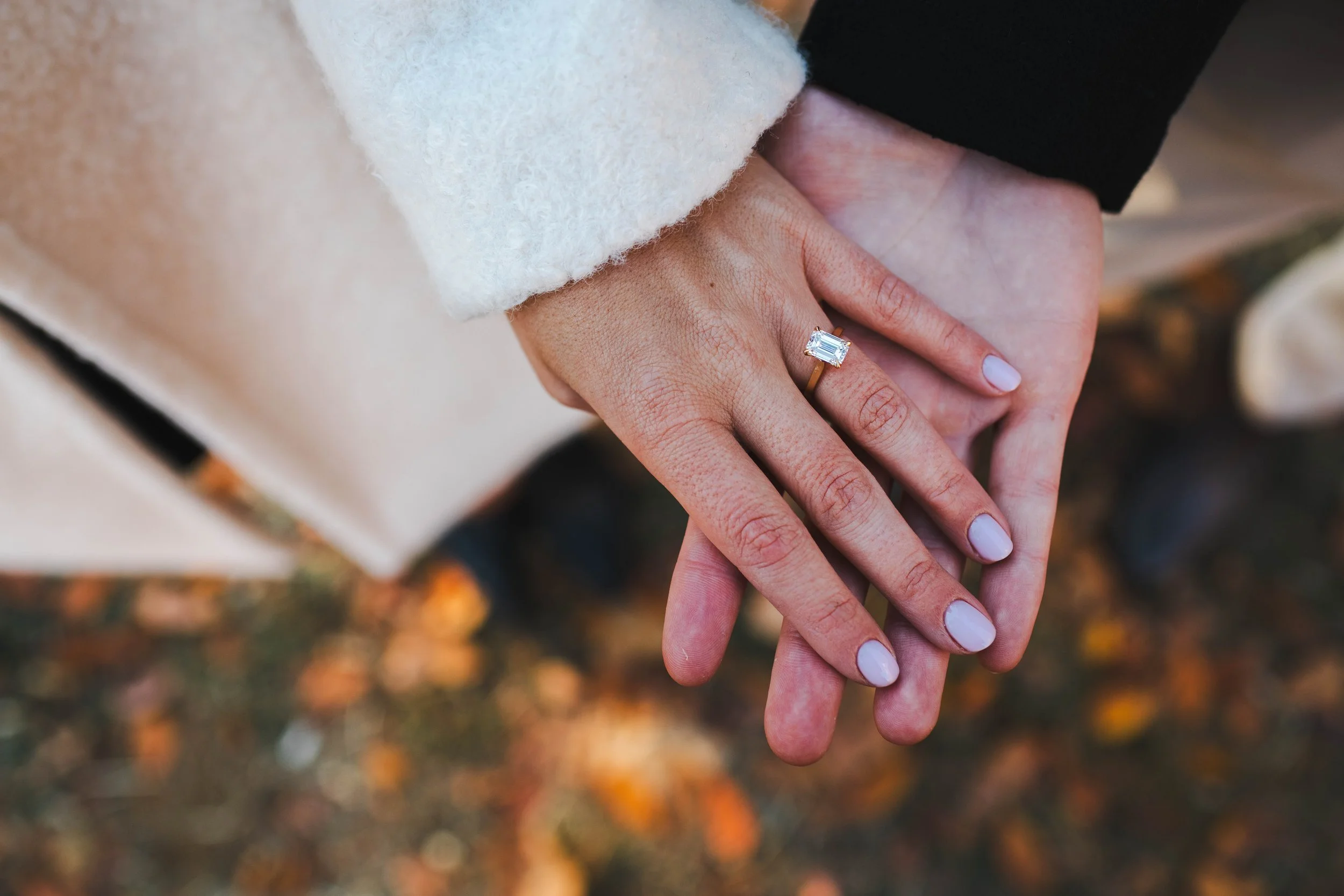 Detail shot of a couple's hands showing off an engagement ring in Central Park NYC