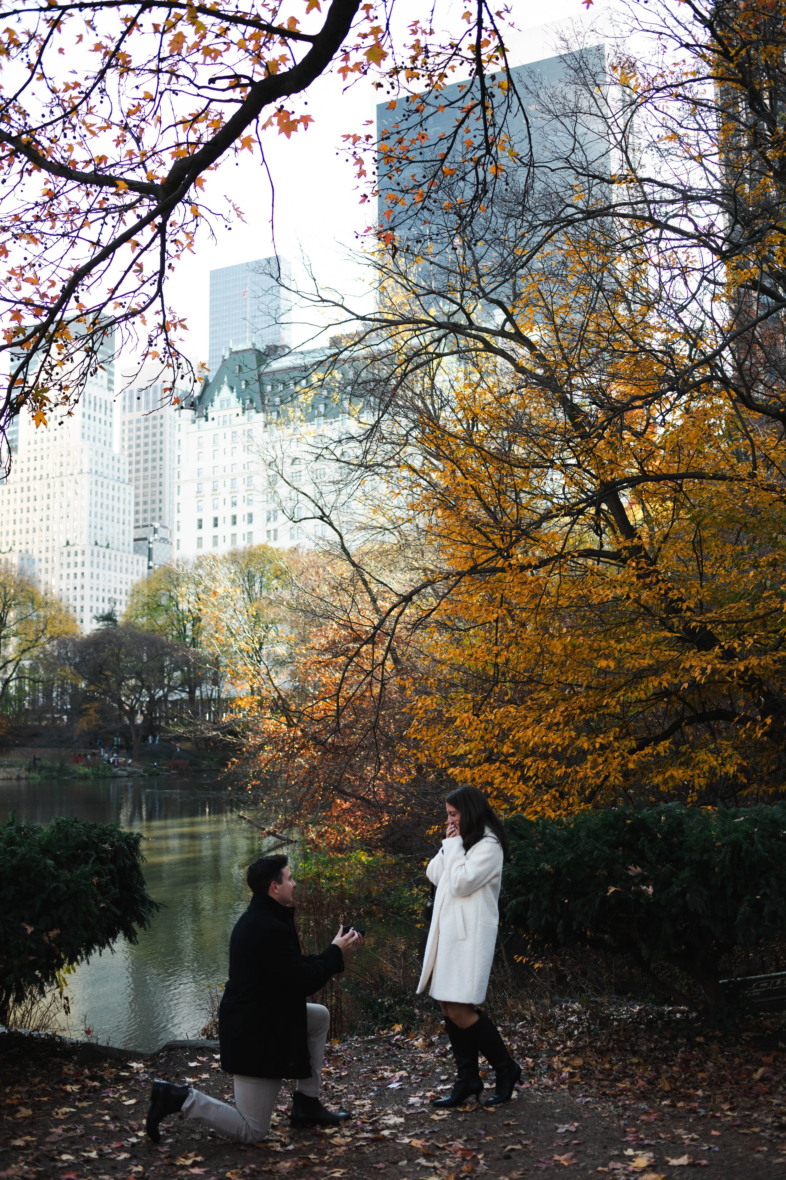 Candid moment of excitement immediately after a marriage proposal in Central Park New York City